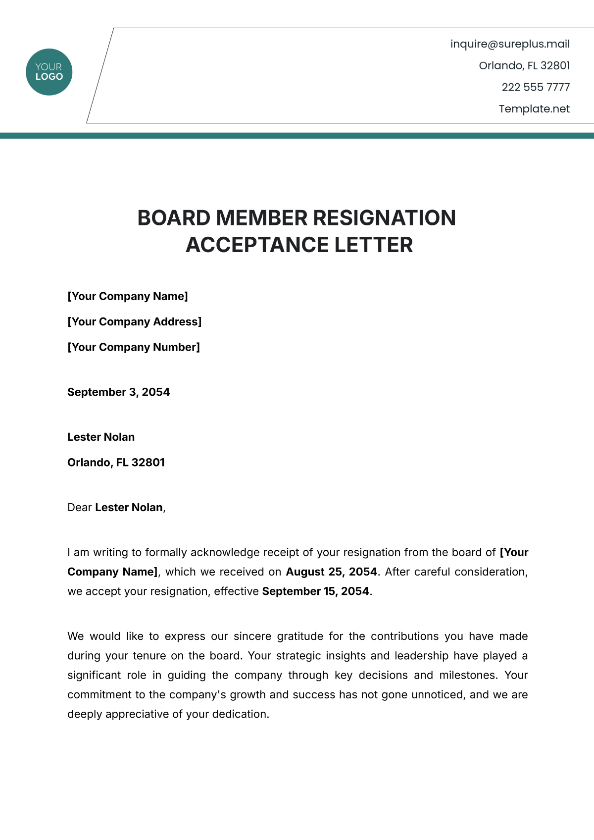 Board Member Resignation Acceptance Letter Template - Edit Online & Download