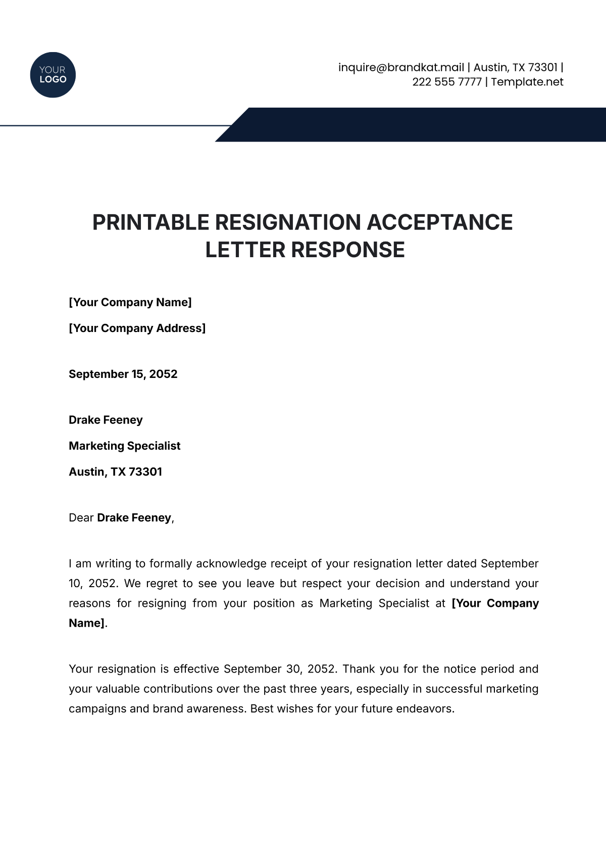 Printable Resignation Acceptance Letter Response Template - Edit Online & Download