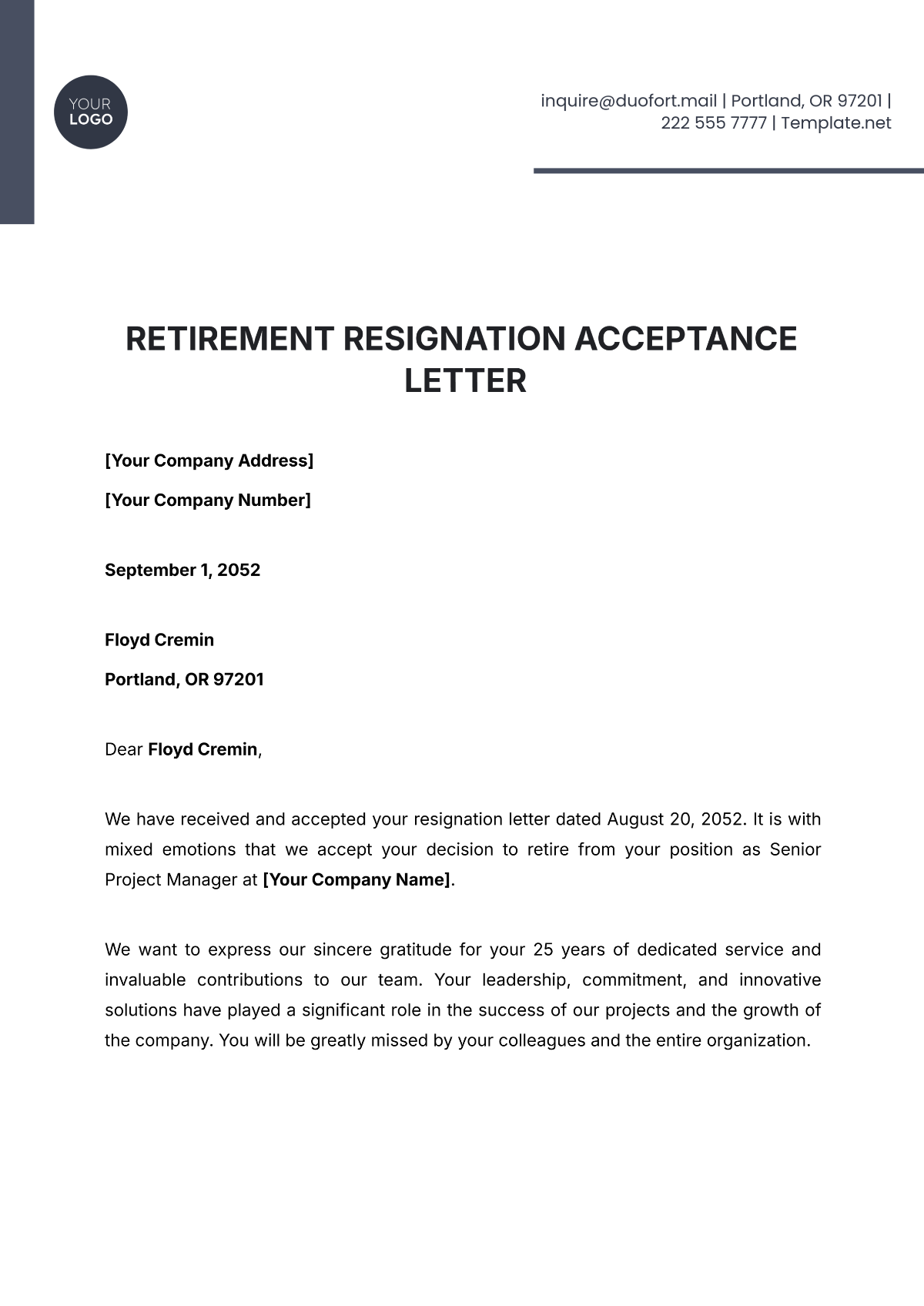 Retirement Resignation Acceptance Letter Template - Edit Online & Download