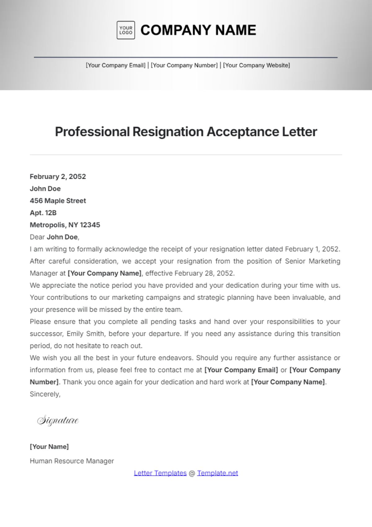 Professional Resignation Acceptance Letter Template - Edit Online & Download