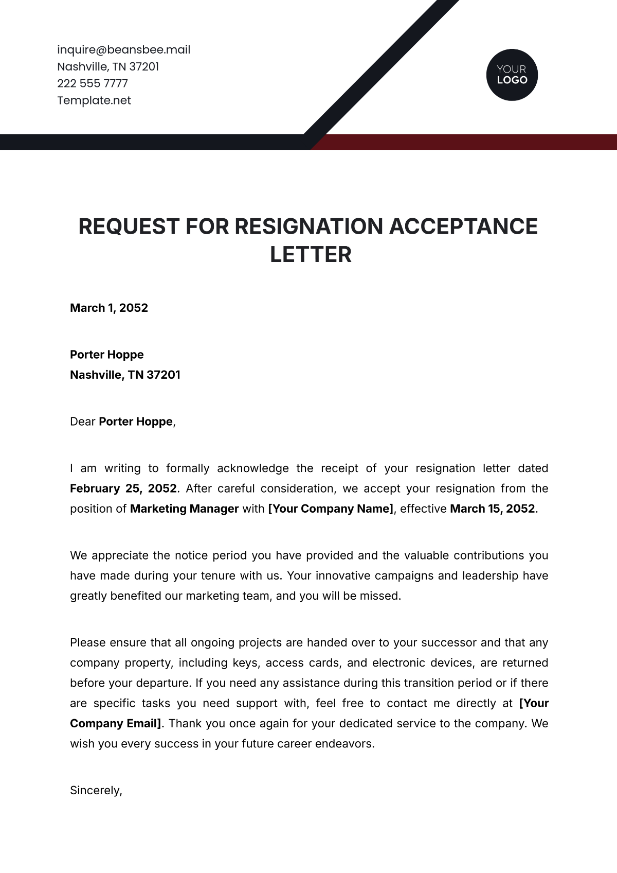 Request for Resignation Acceptance Letter Template - Edit Online & Download