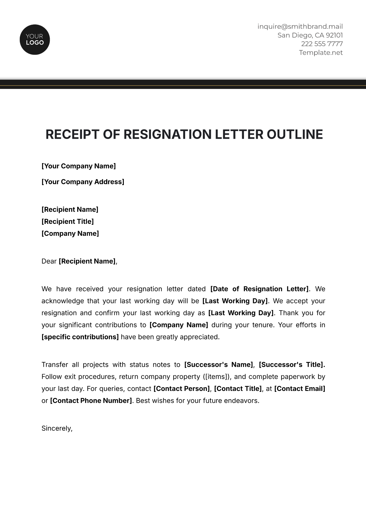 Receipt of Resignation Letter Outline Template - Edit Online & Download