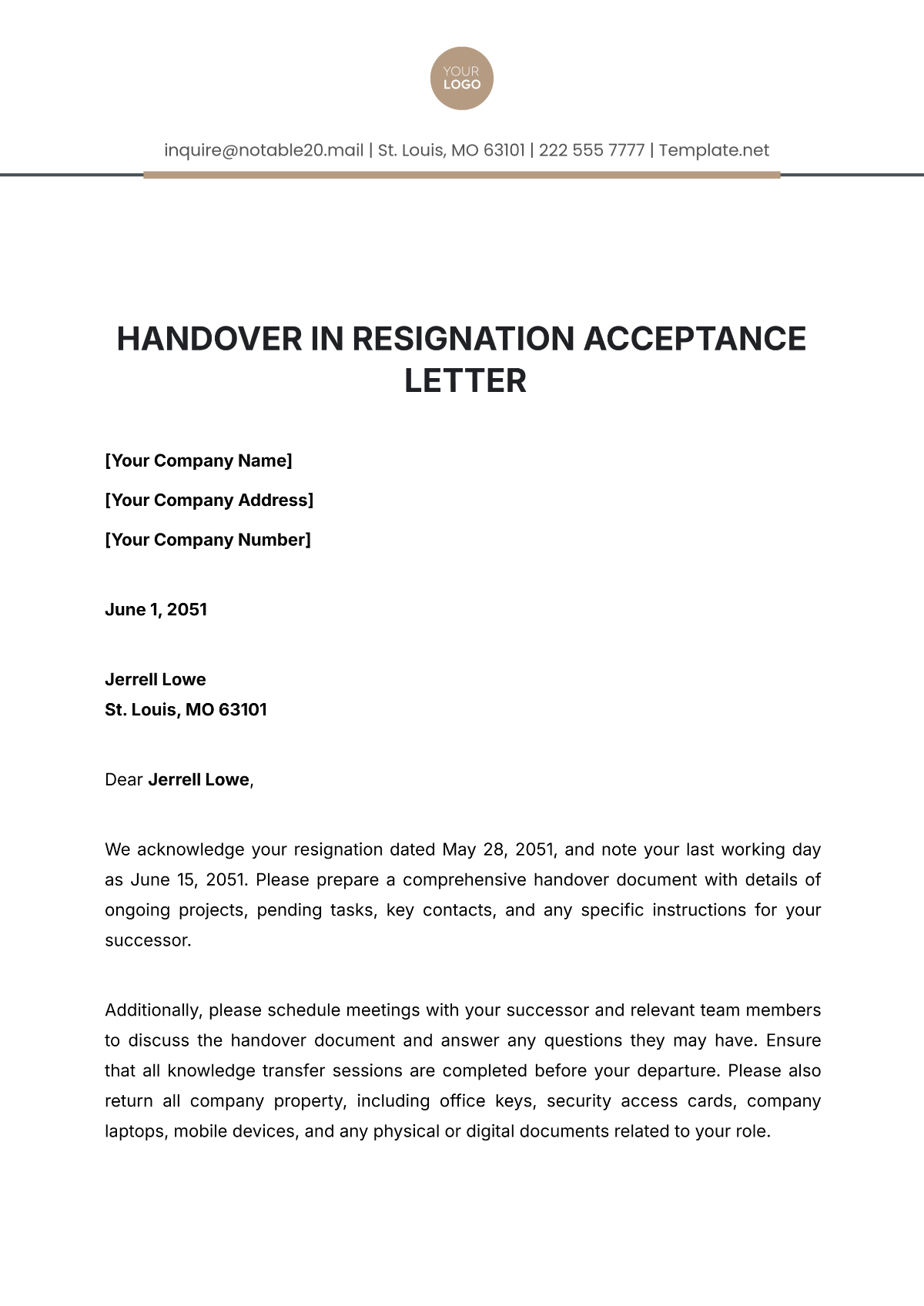 Handover in Resignation Acceptance Letter Template - Edit Online & Download