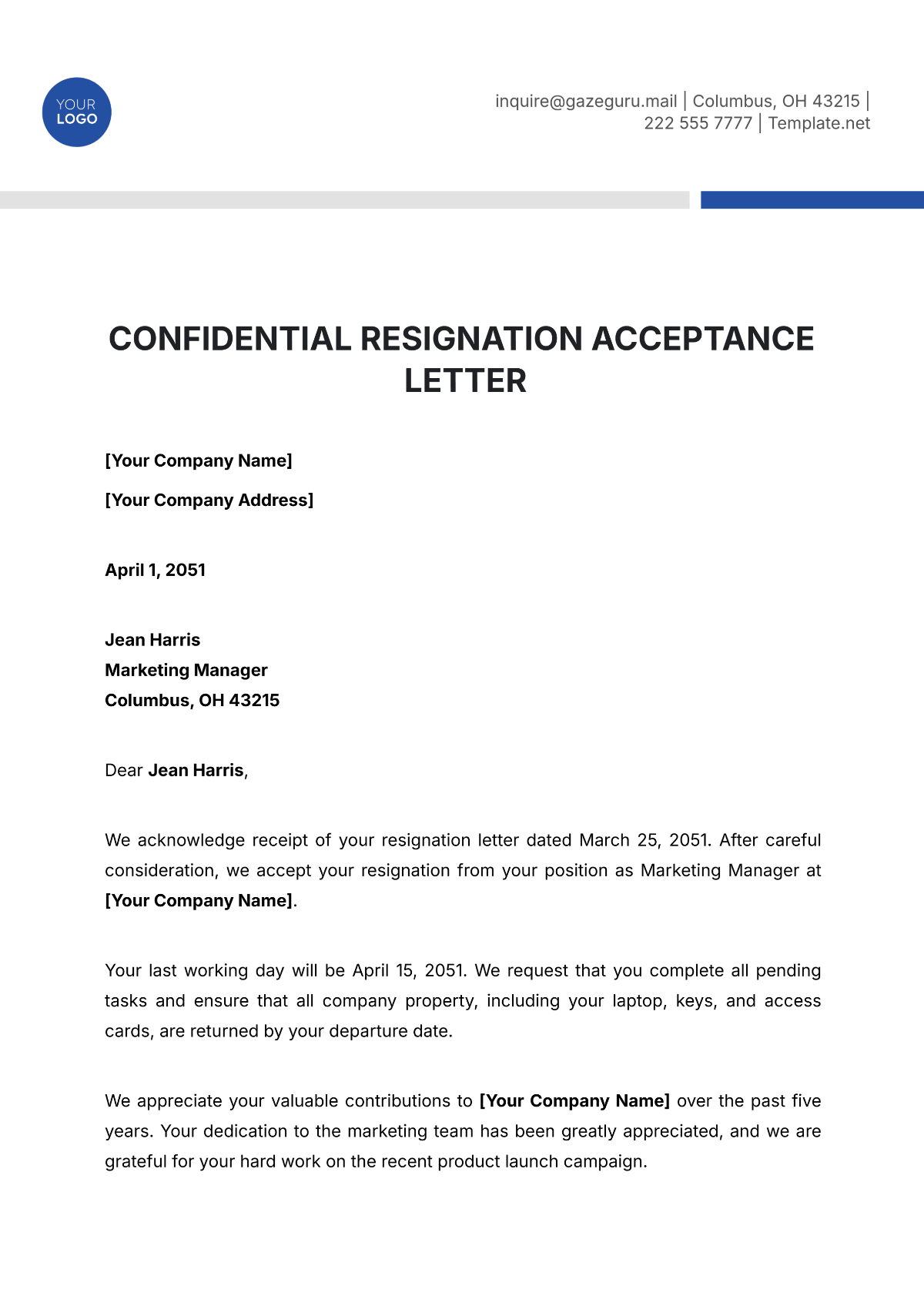 Confidential Resignation Acceptance Letter Template - Edit Online & Download