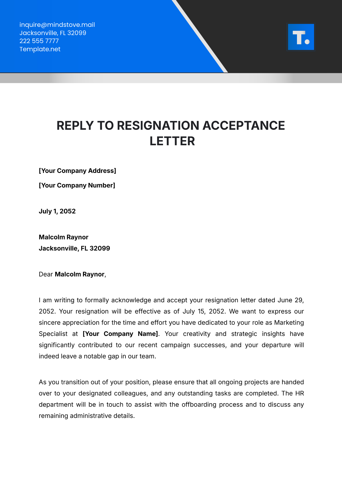 Reply to Resignation Acceptance Letter Template - Edit Online & Download