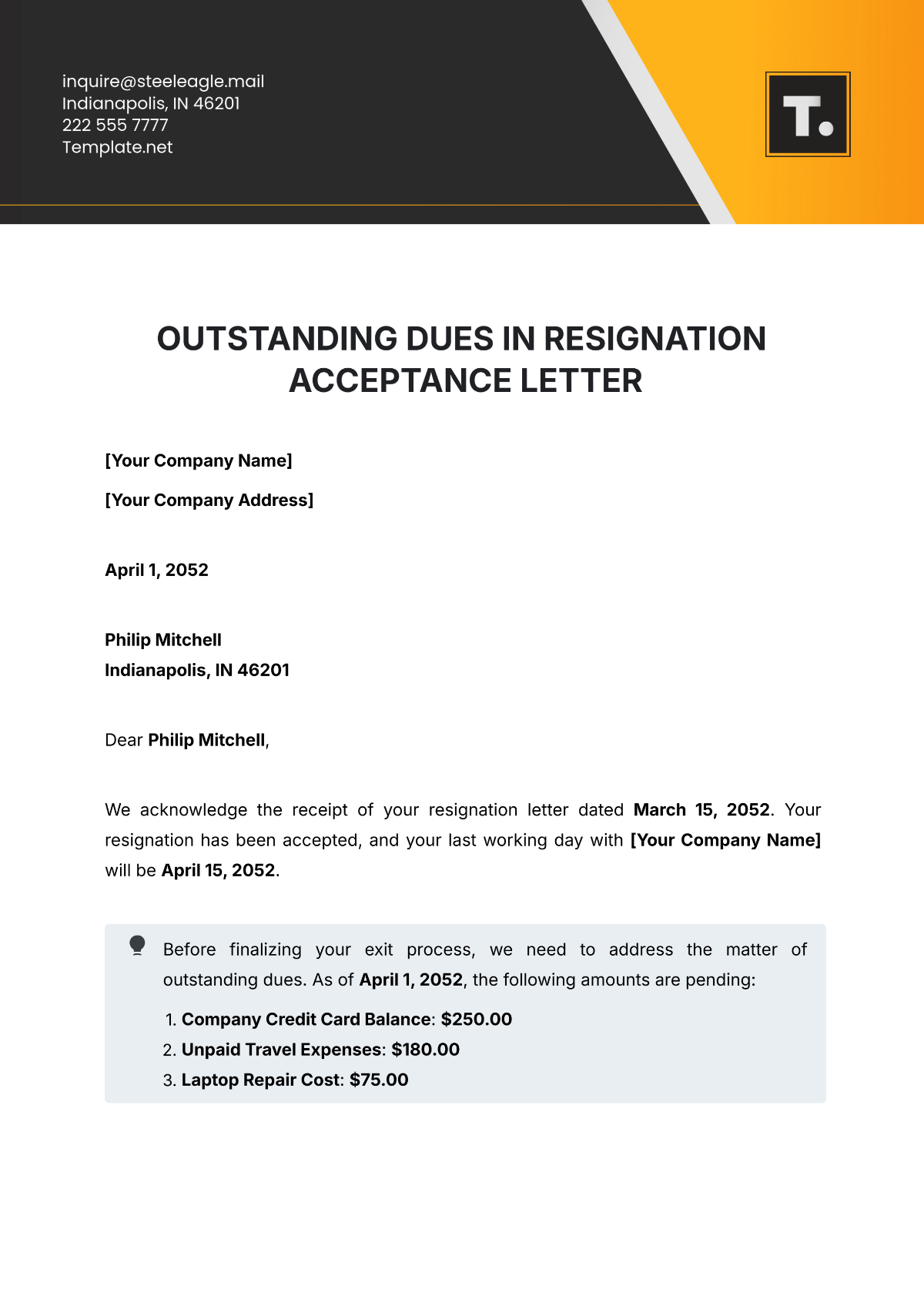 Outstanding Dues in Resignation Acceptance Letter Template - Edit Online & Download