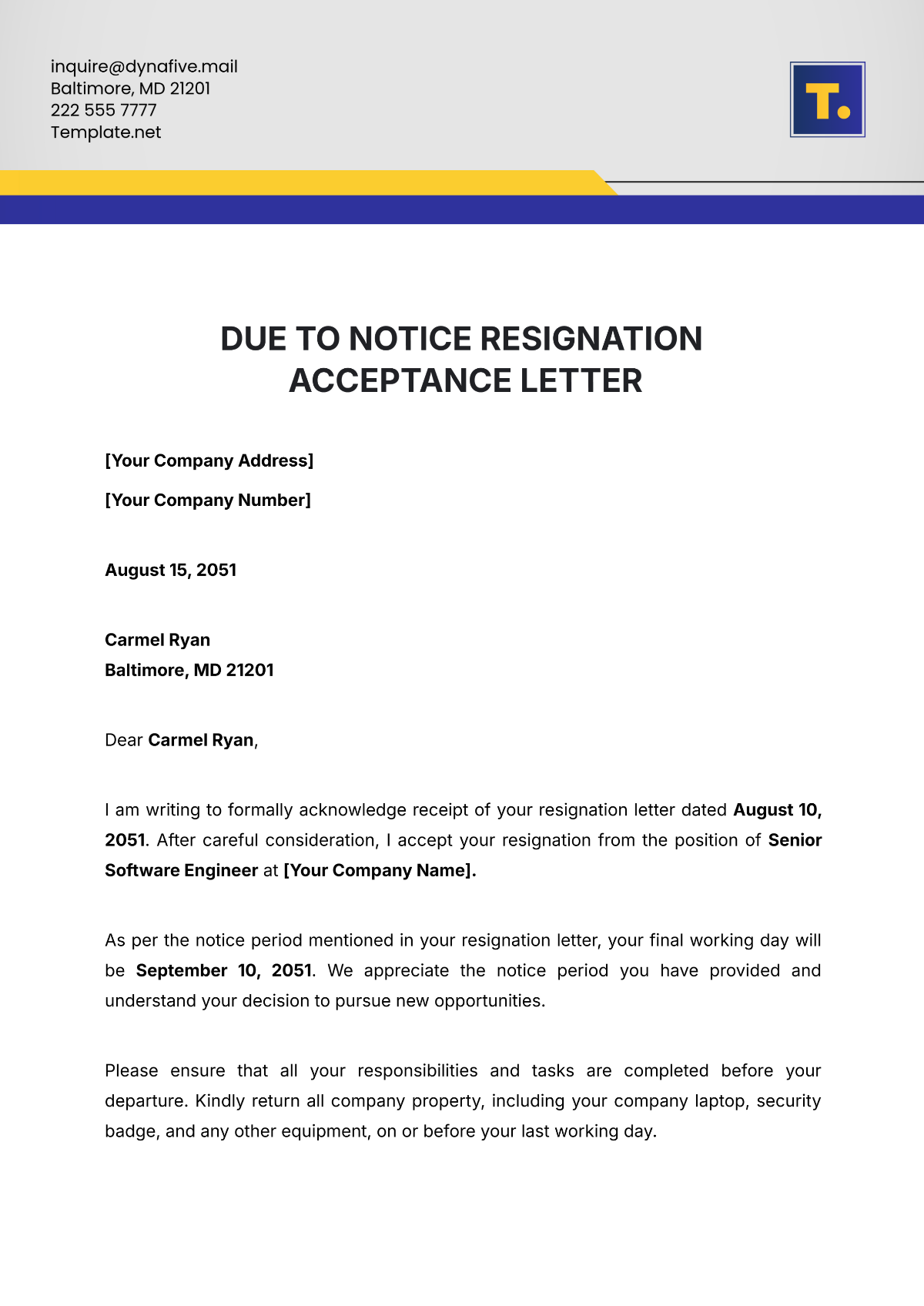 Due Notice Resignation Acceptance Letter Template - Edit Online & Download