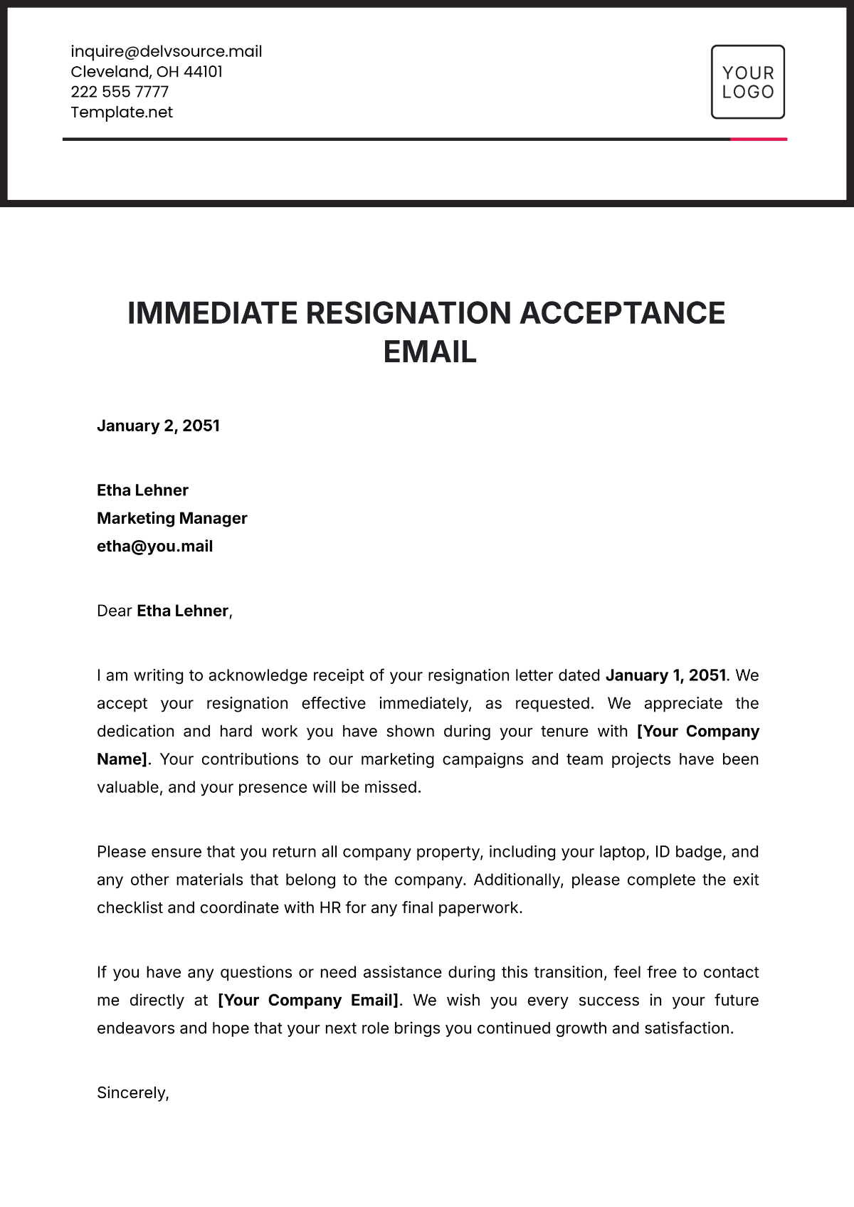 Immediate Resignation Acceptance Email Template - Edit Online & Download