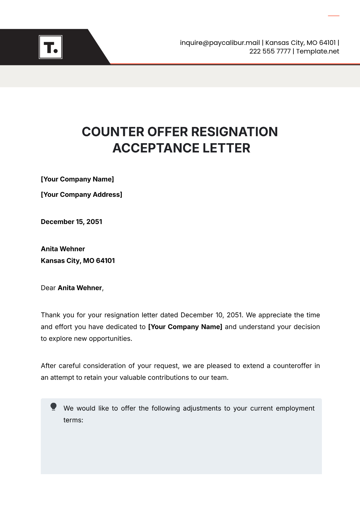 Counter Offer Resignation Acceptance Letter Template - Edit Online & Download