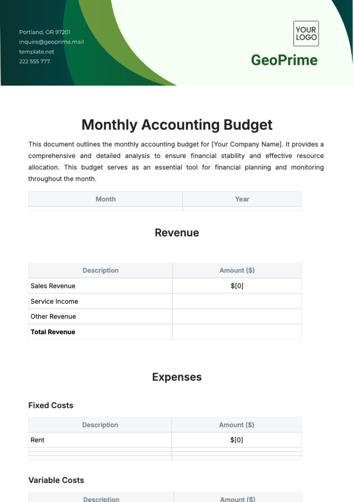 Monthly Accounting Budget Template - Edit Online & Download