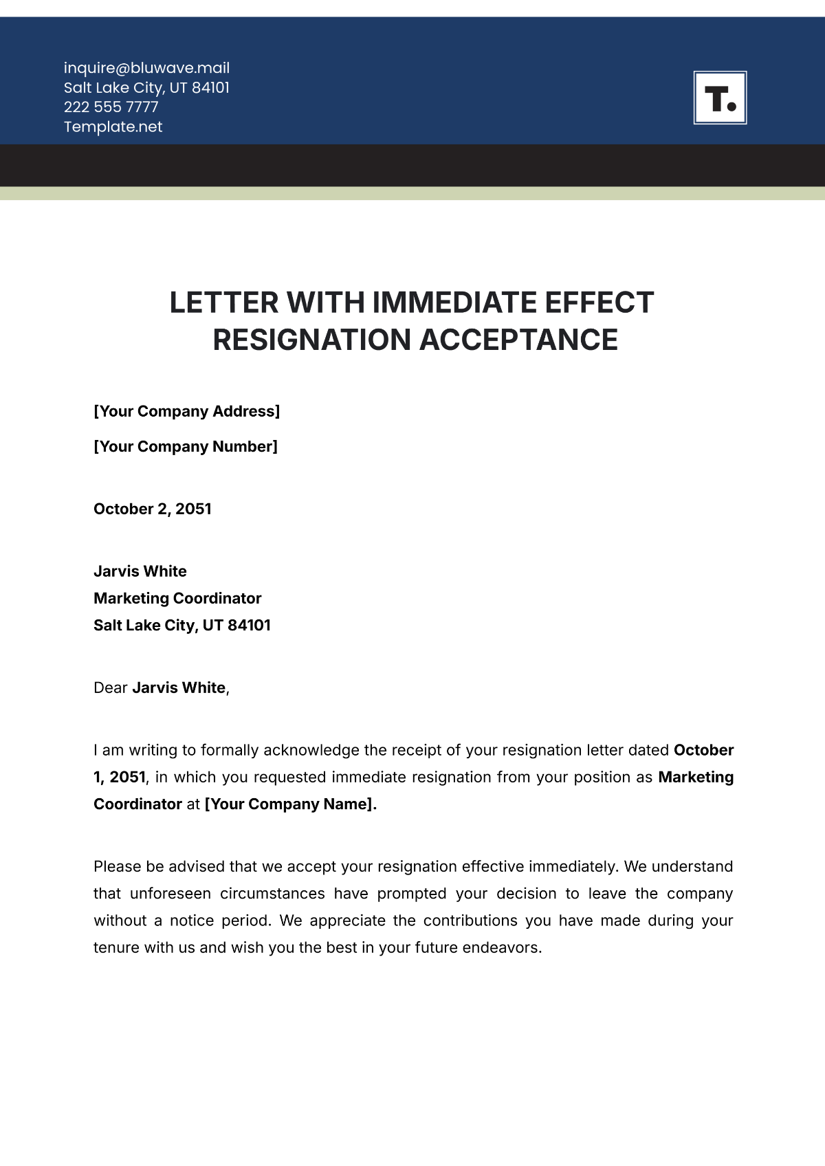 Letter with Immediate Effect Resignation Acceptance Template - Edit Online & Download