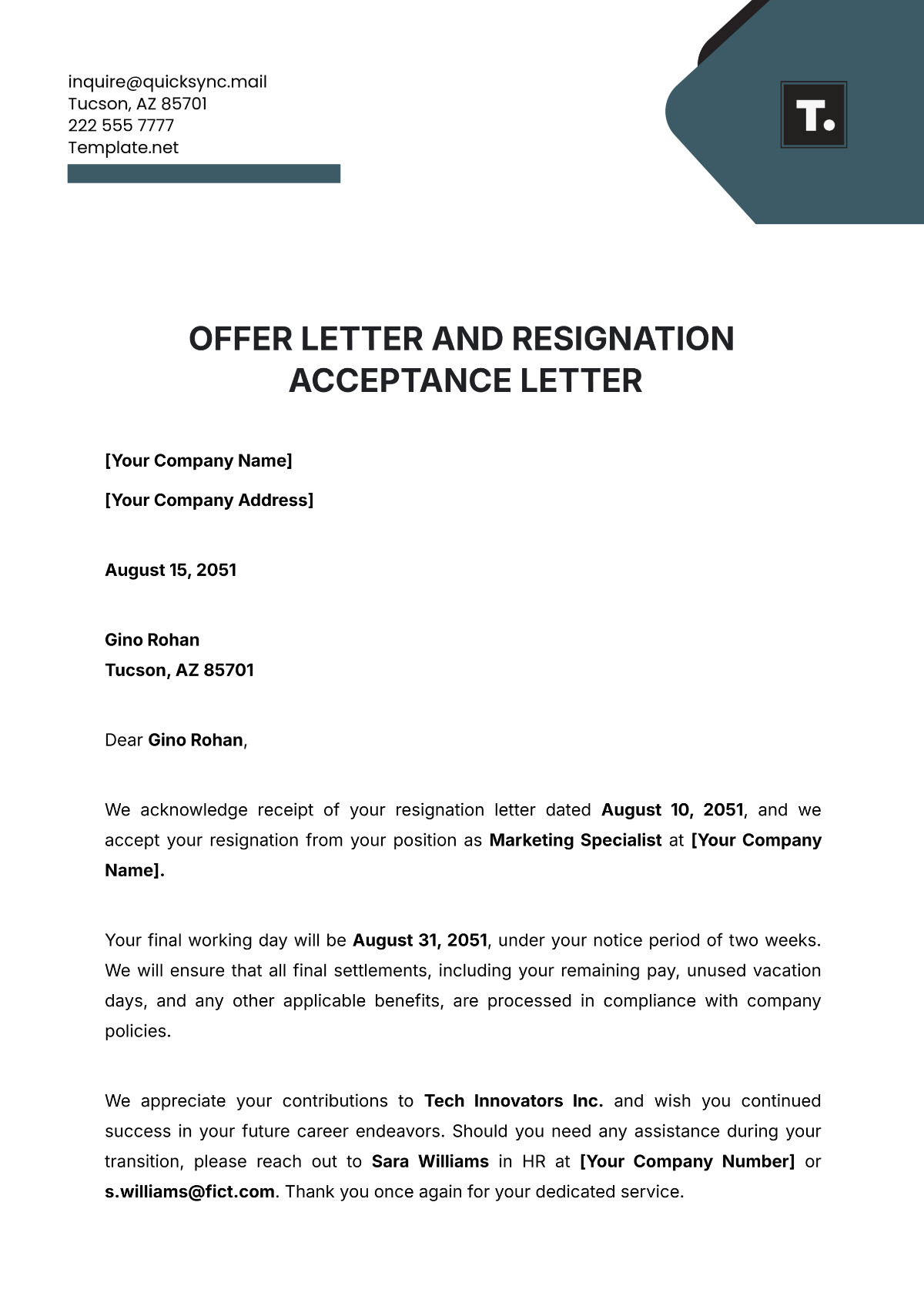 Offer Letter and Resignation Acceptance Letter Template - Edit Online & Download