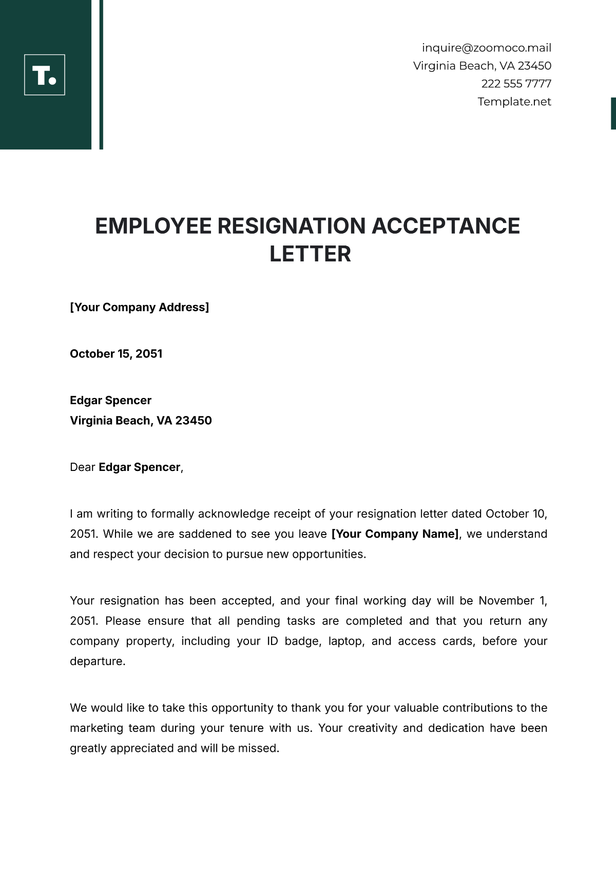 Employee Resignation Acceptance Letter Template - Edit Online & Download