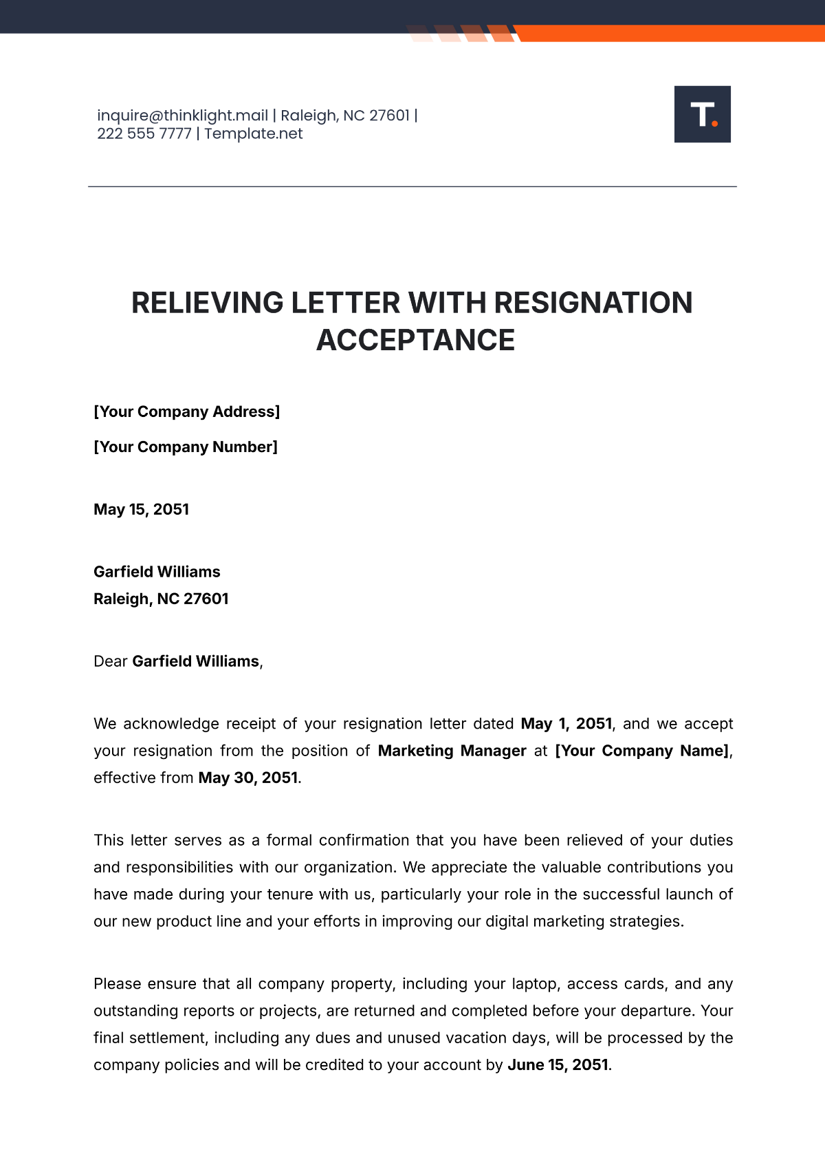 Relieving Letter with Resignation Acceptance Template - Edit Online & Download