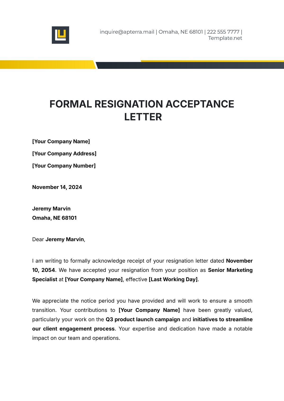 Formal Resignation Acceptance Letter Layout Template - Edit Online & Download