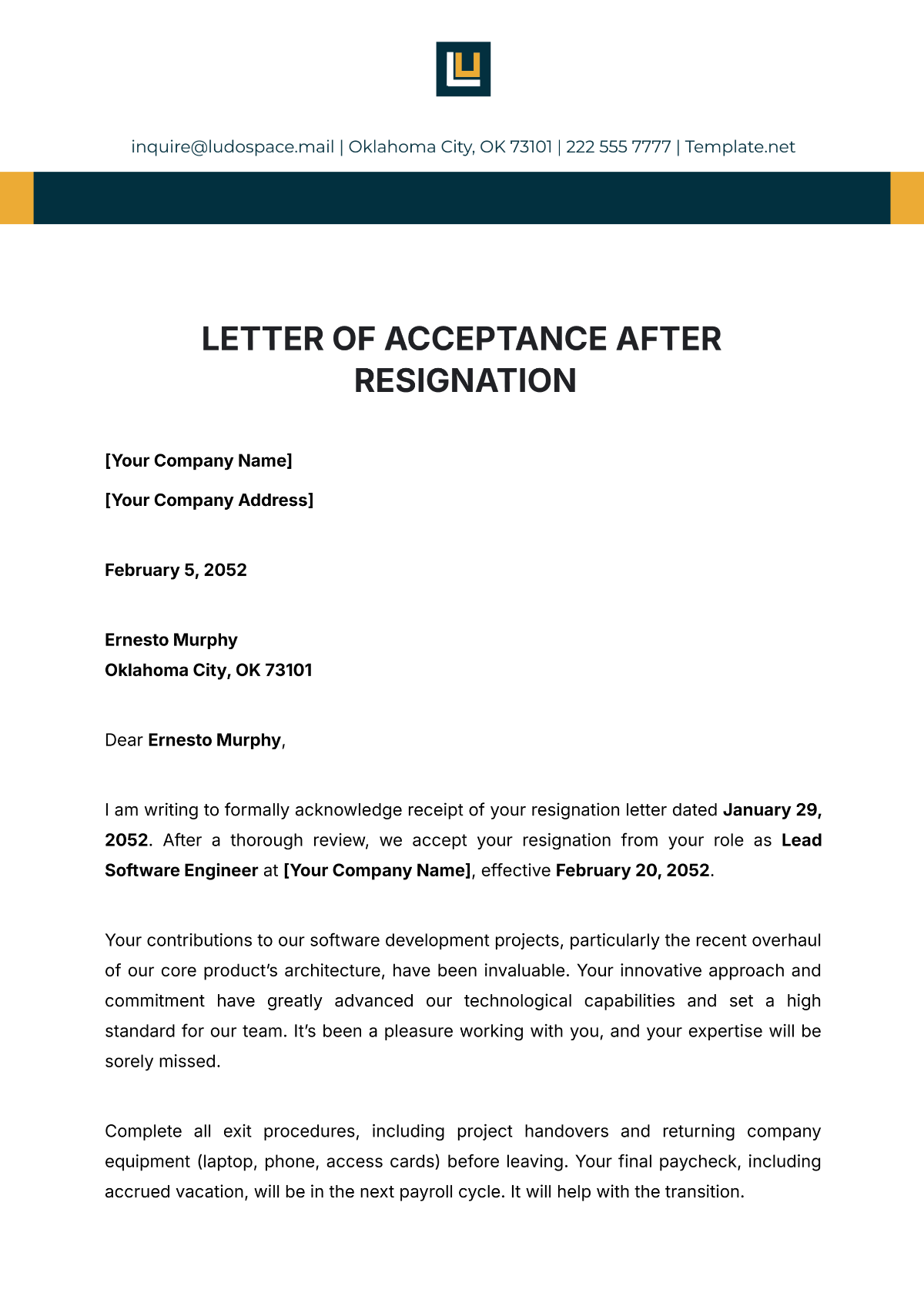 Letter of Acceptance after Resignation Template - Edit Online & Download