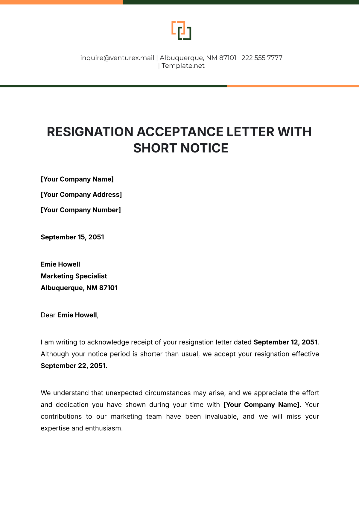 Resignation Acceptance Letter with Short Notice Template - Edit Online & Download