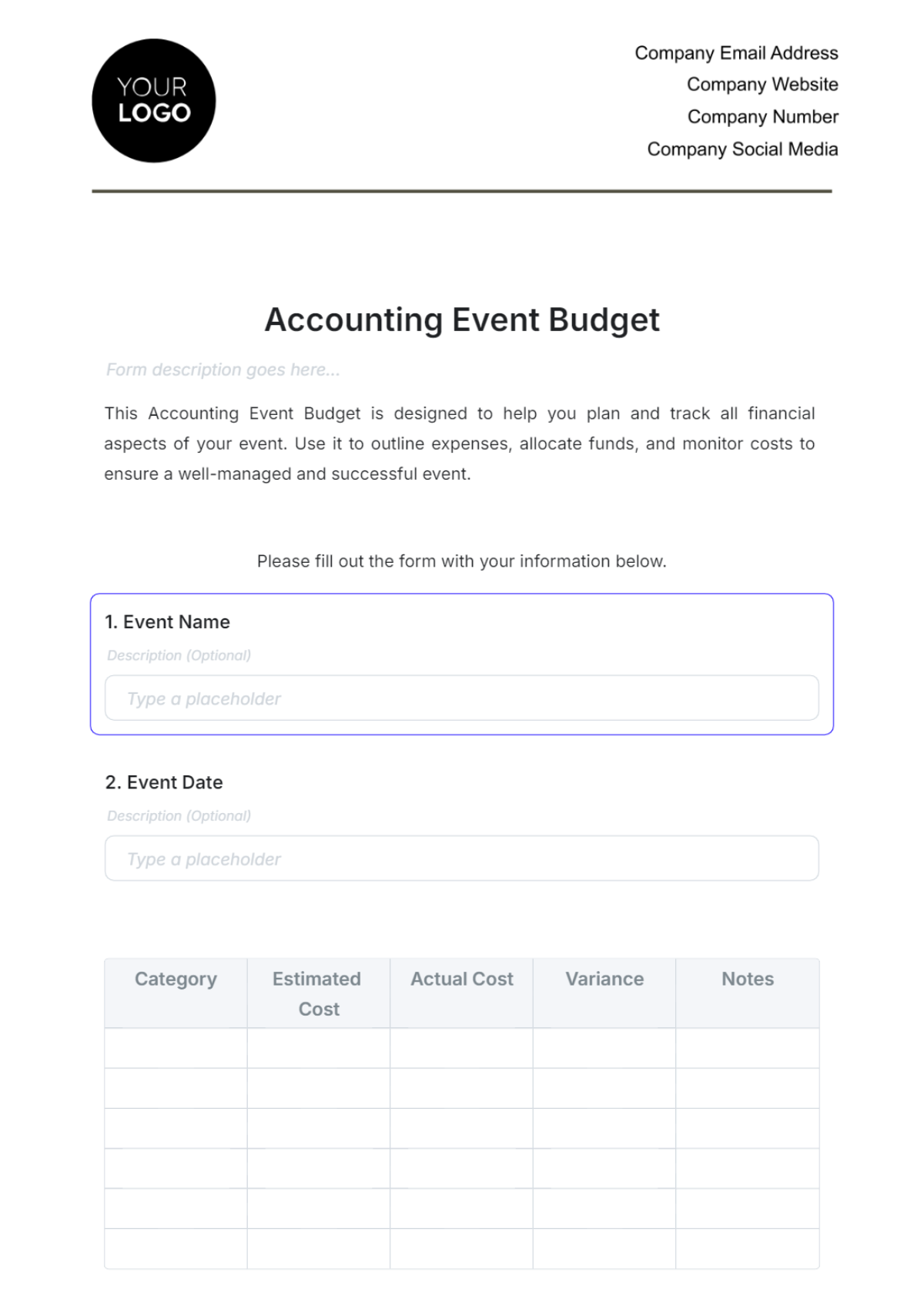 Accounting Event Budget Template - Edit Online & Download