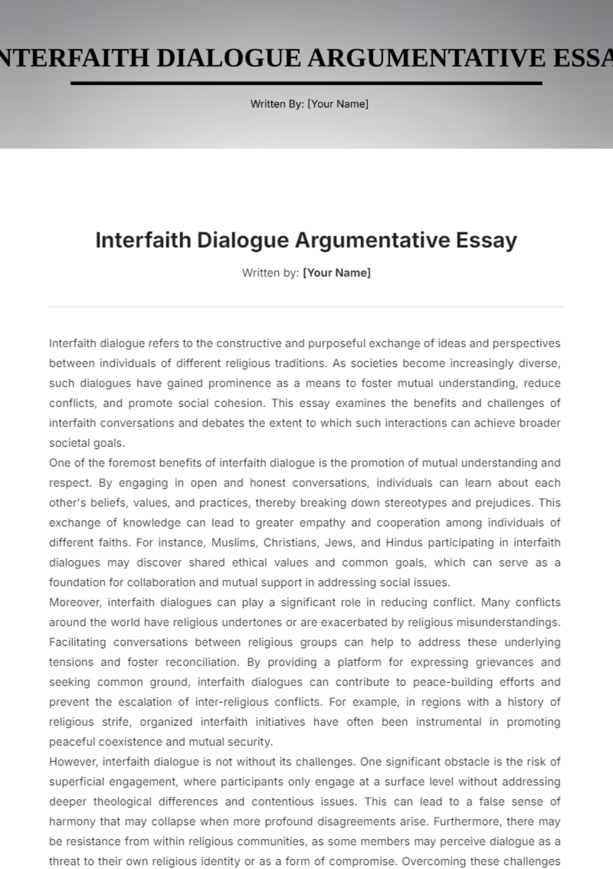 Interfaith Dialogue Argumentative Essay Template - Edit Online & Download