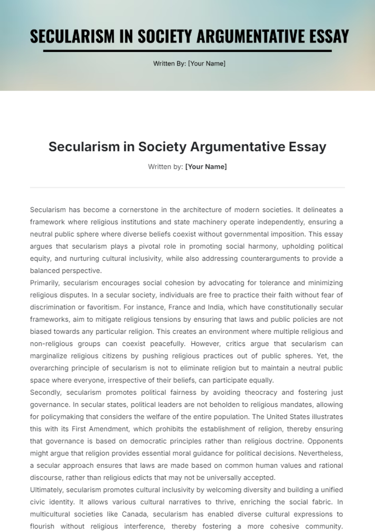 Secularism in Society Argumentative Essay Template - Edit Online & Download