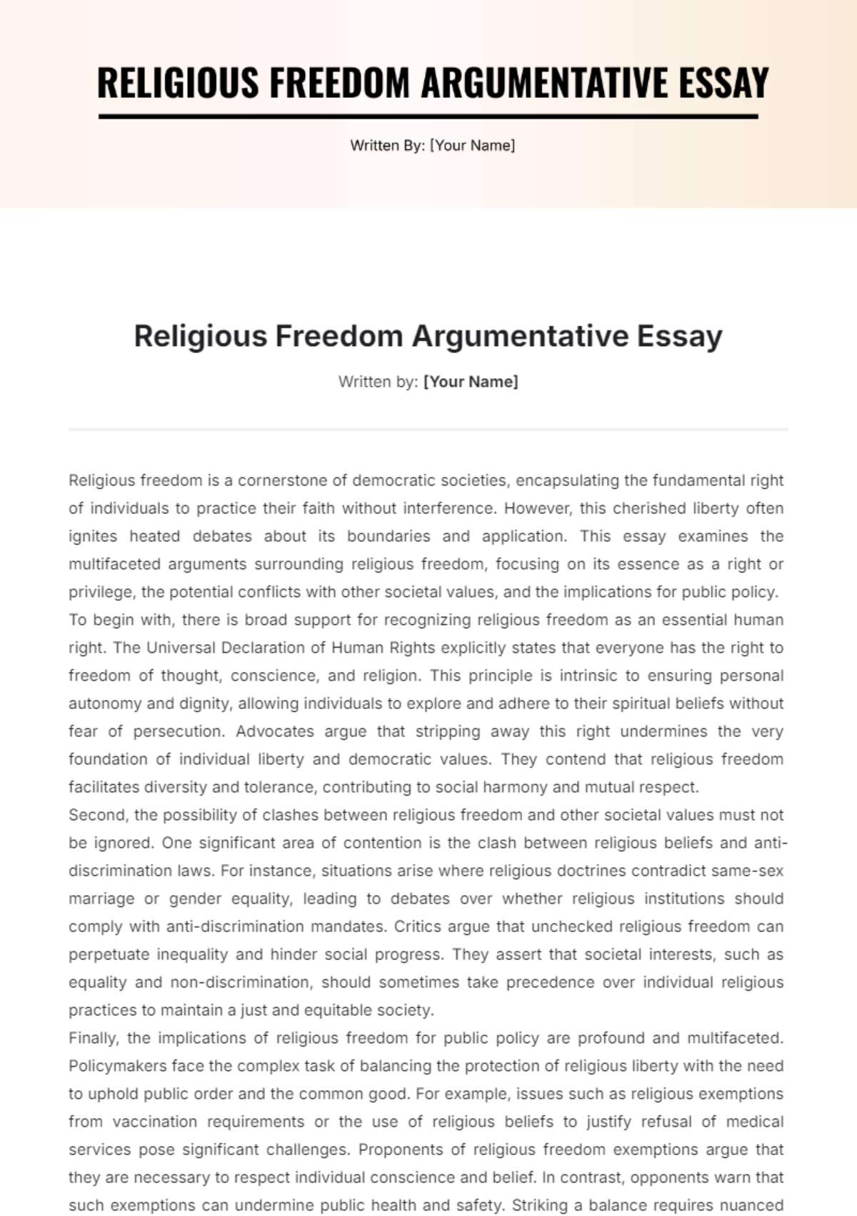 Religious Freedom Argumentative Essay Template - Edit Online & Download