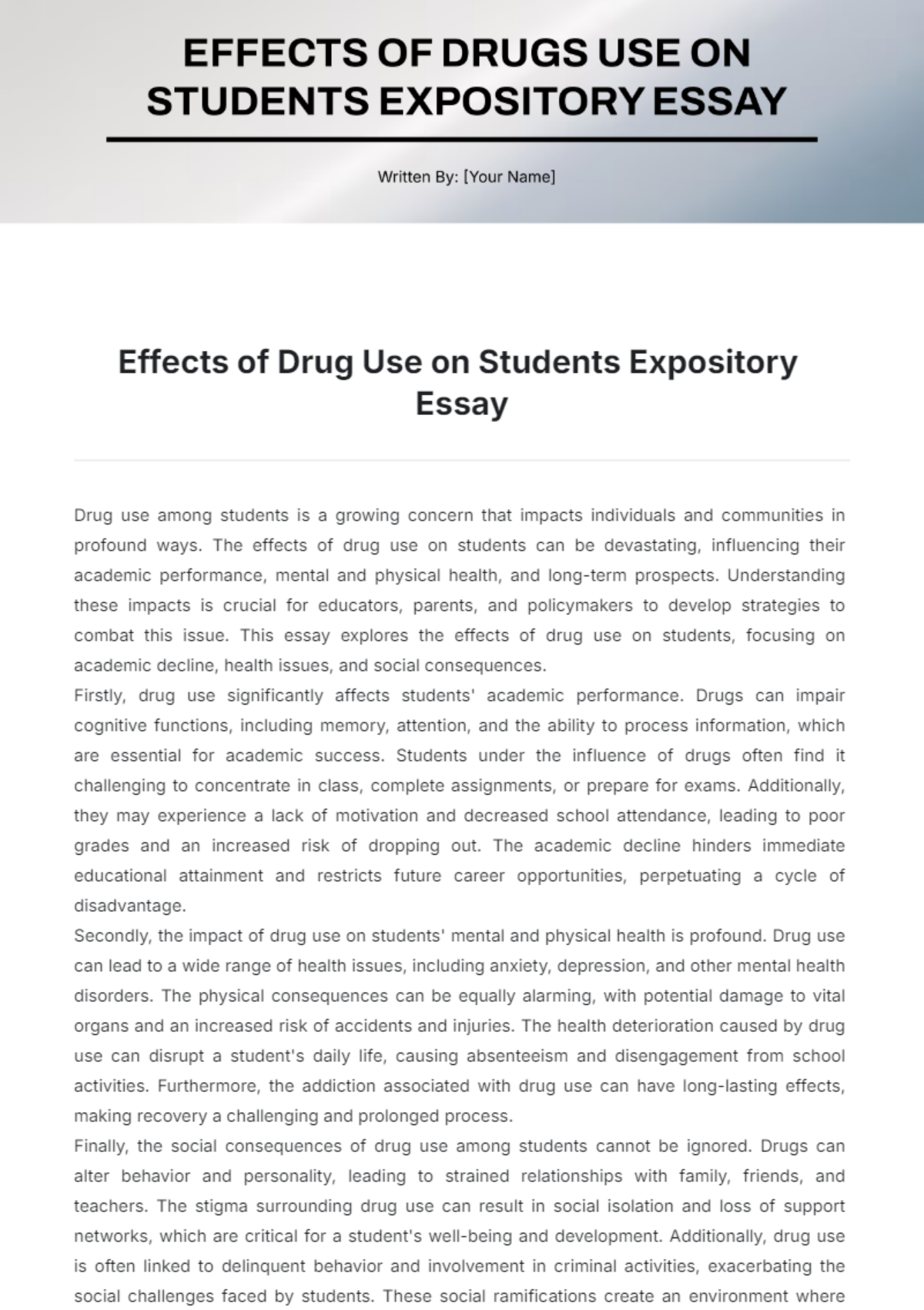 Effects of Drug  on Students Expository Essay  Template - Edit Online & Download