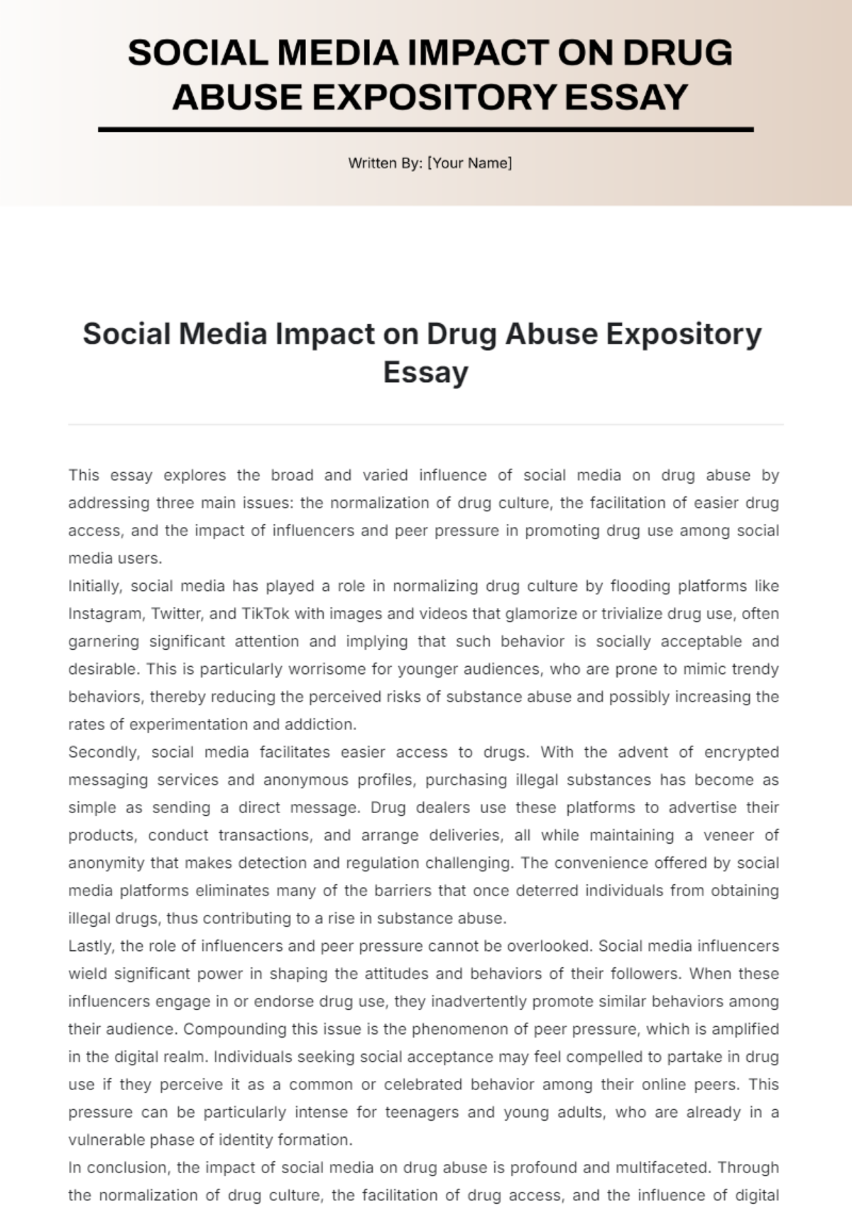 Social Media Impact on Drug Abuse Expository Essay  Template - Edit Online & Download