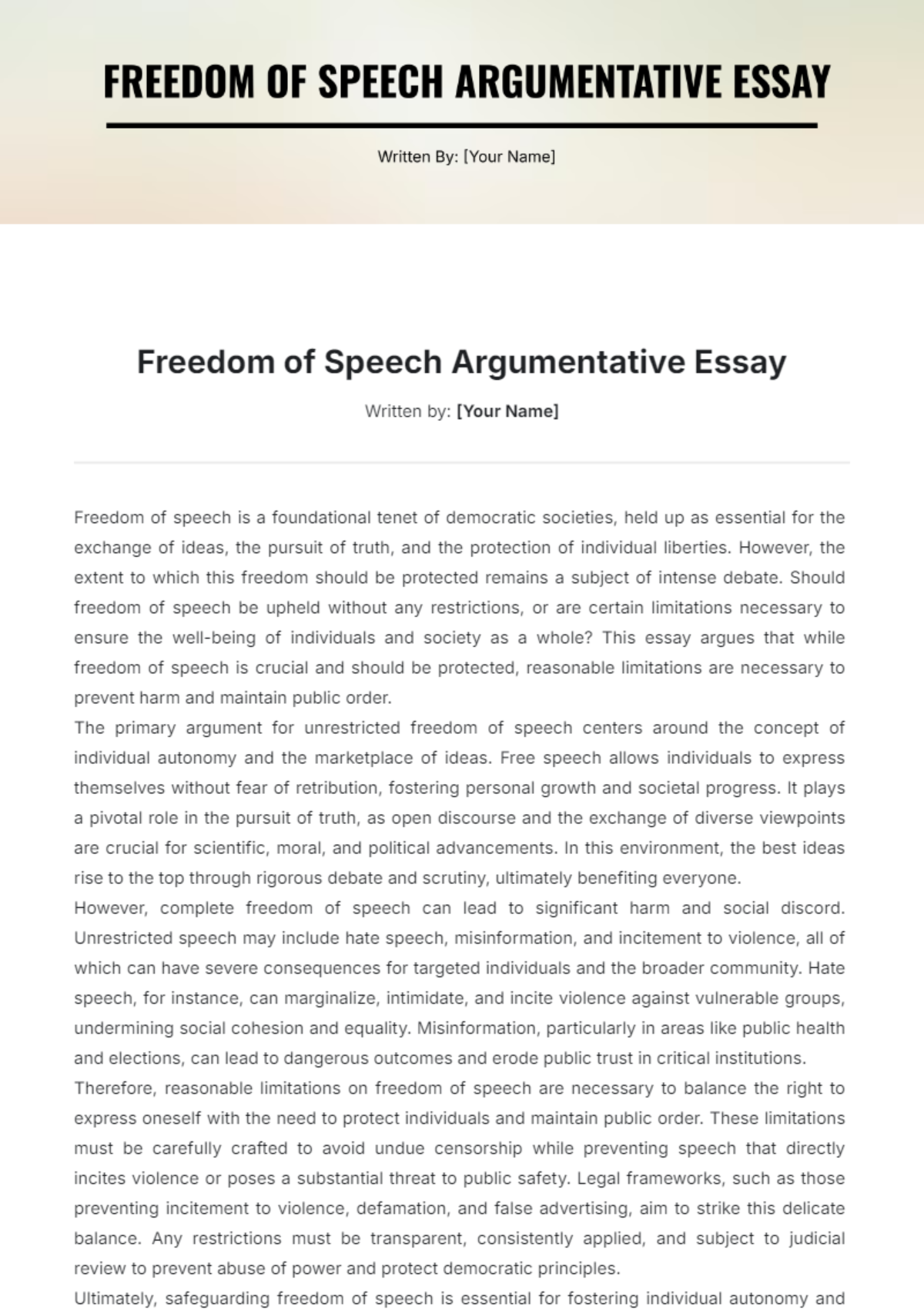 Freedom of Speech Argumentative Essay Template - Edit Online & Download