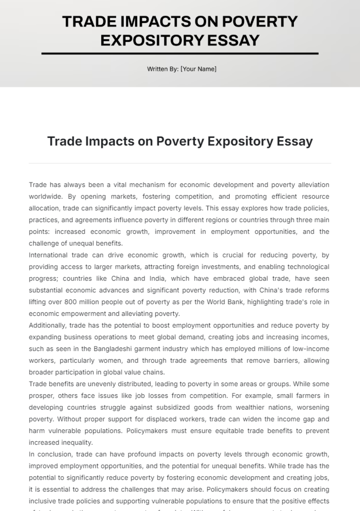 Trade Impacts on Poverty Expository Essay  Template - Edit Online & Download