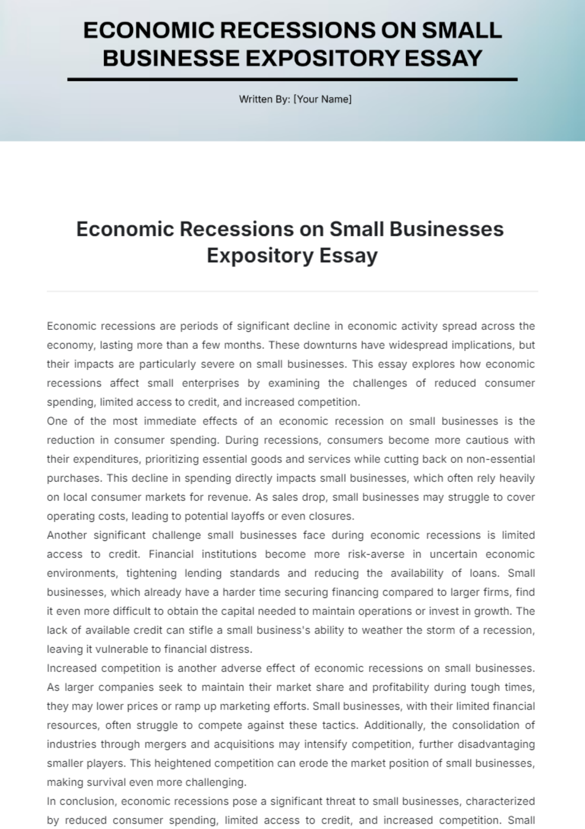 Economic Recessions on Small Businesses  Expository Essay  Template - Edit Online & Download