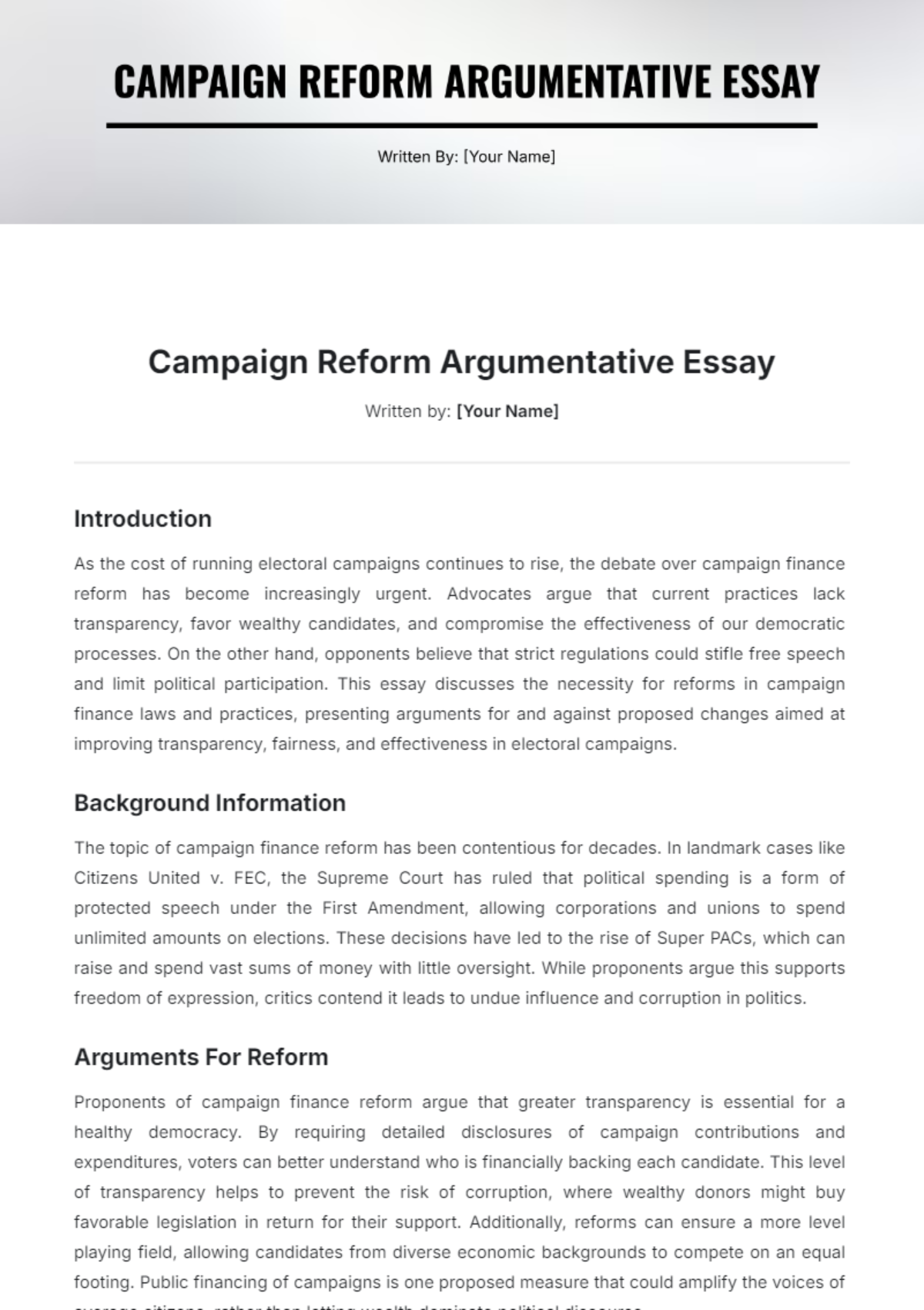 Campaign Reform Argumentative Essay Template - Edit Online & Download