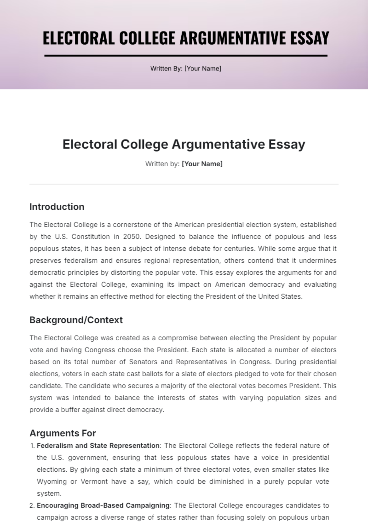 Electoral College Argumentative Essay Template - Edit Online & Download