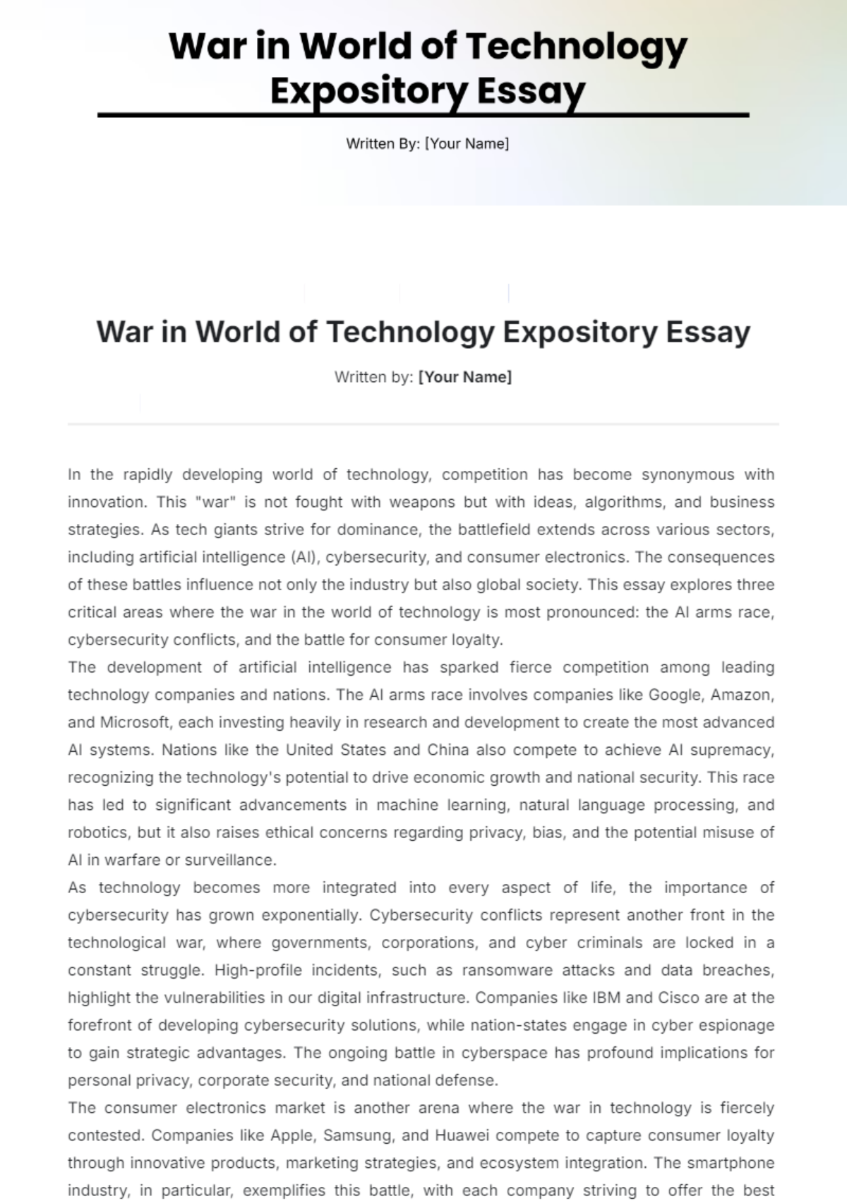 War in World of Technology Expository Essay Template - Edit Online & Download