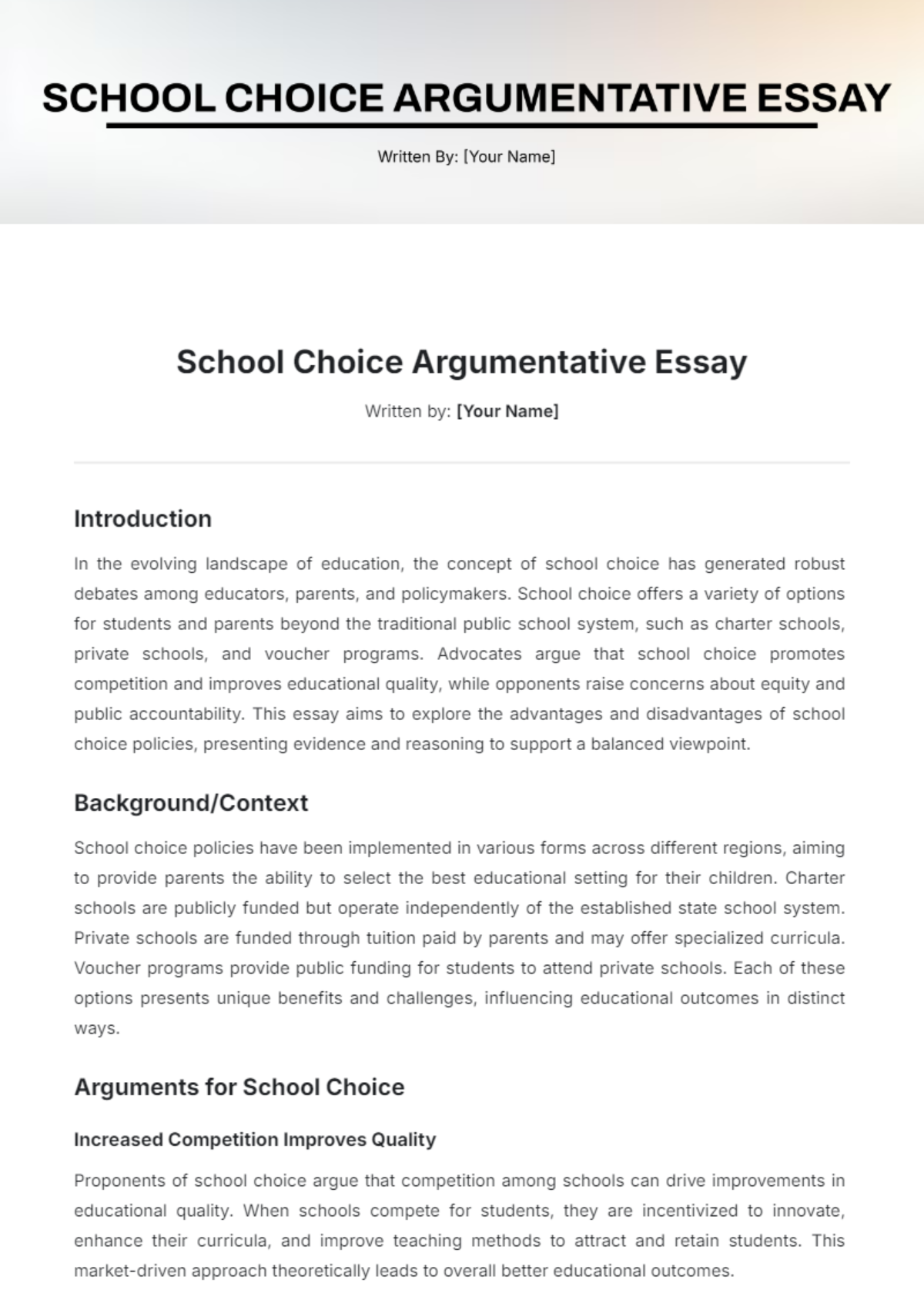 School Choice Argumentative Essay Template - Edit Online & Download