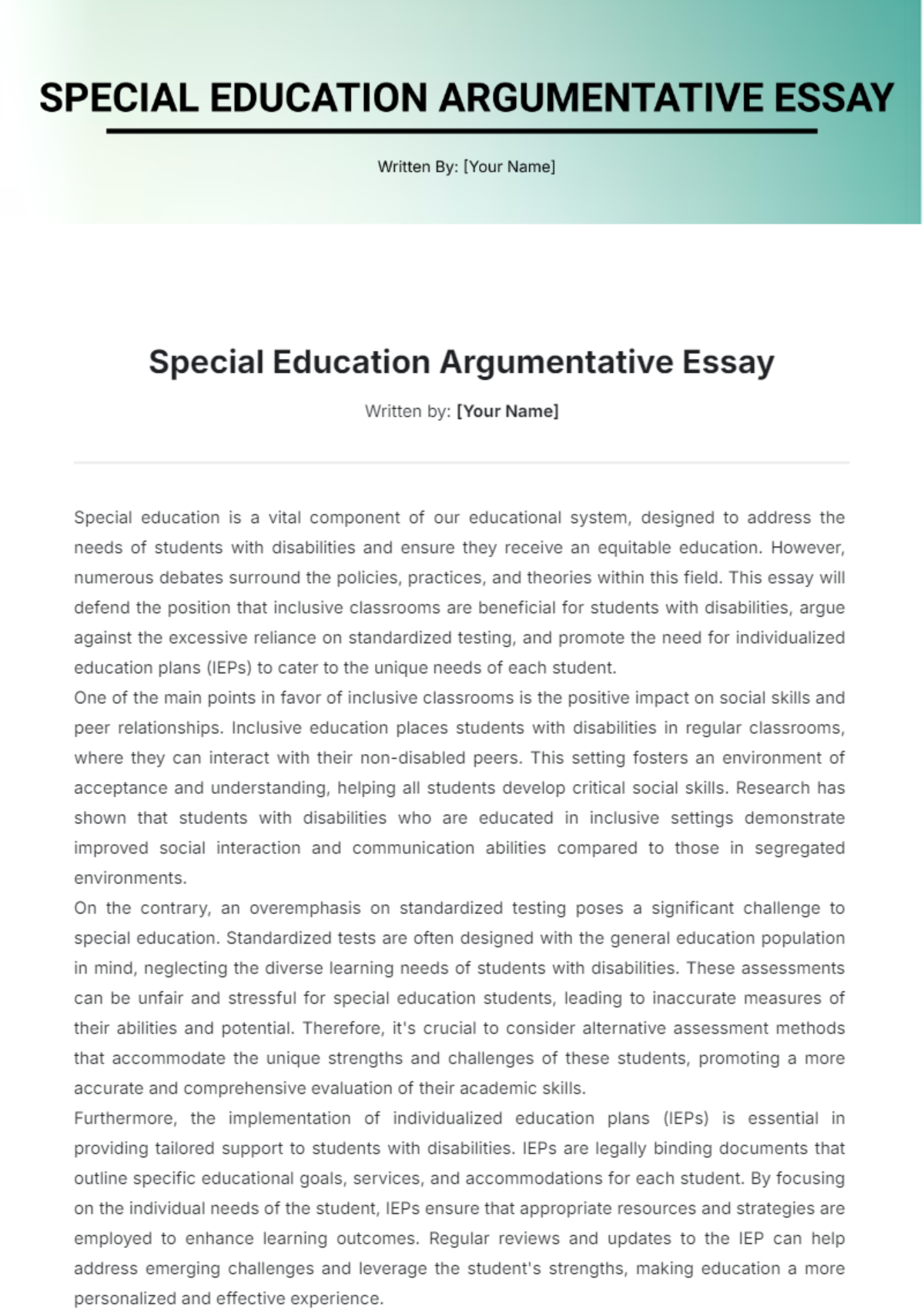 Special Education Argumentative Essay Template - Edit Online & Download