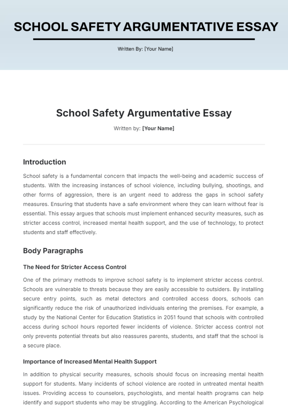 School Safety Argumentative Essay Template - Edit Online & Download