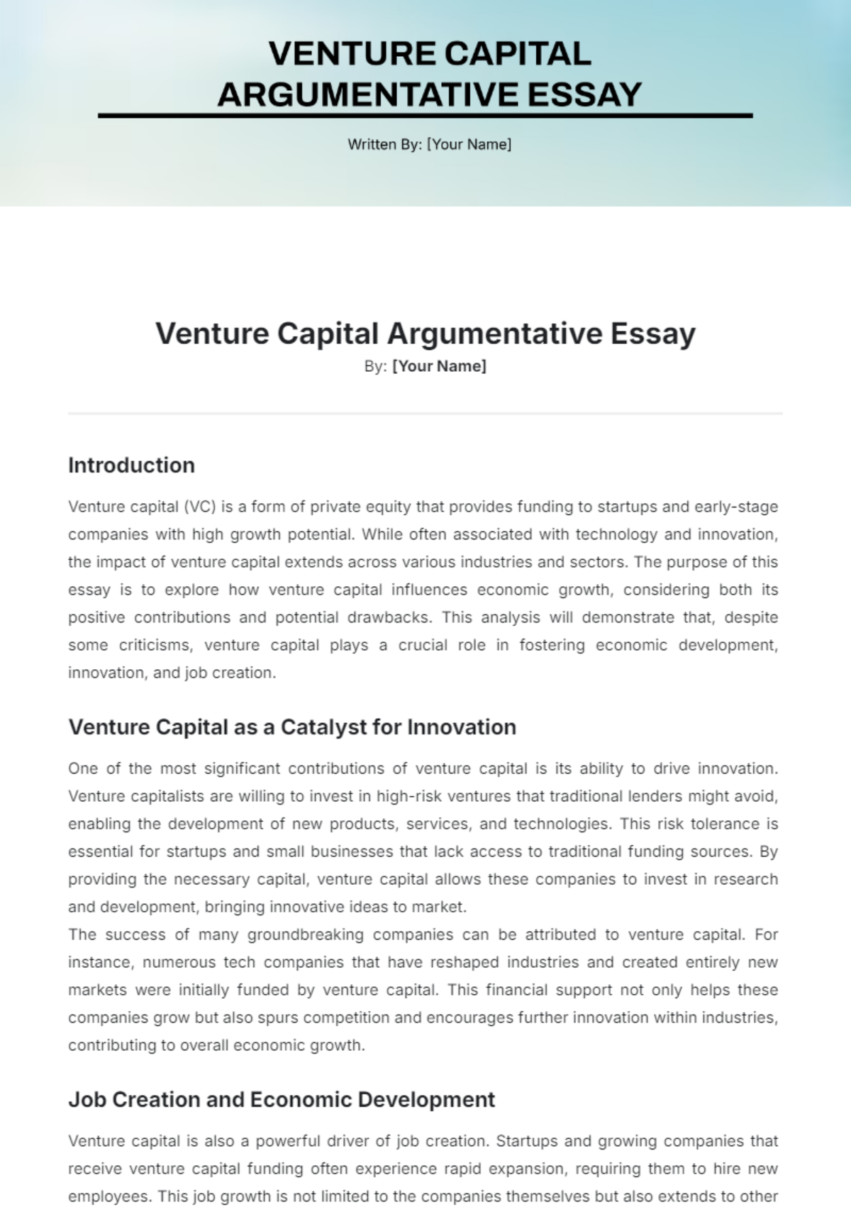 Venture Capital Argumentative Essay Template