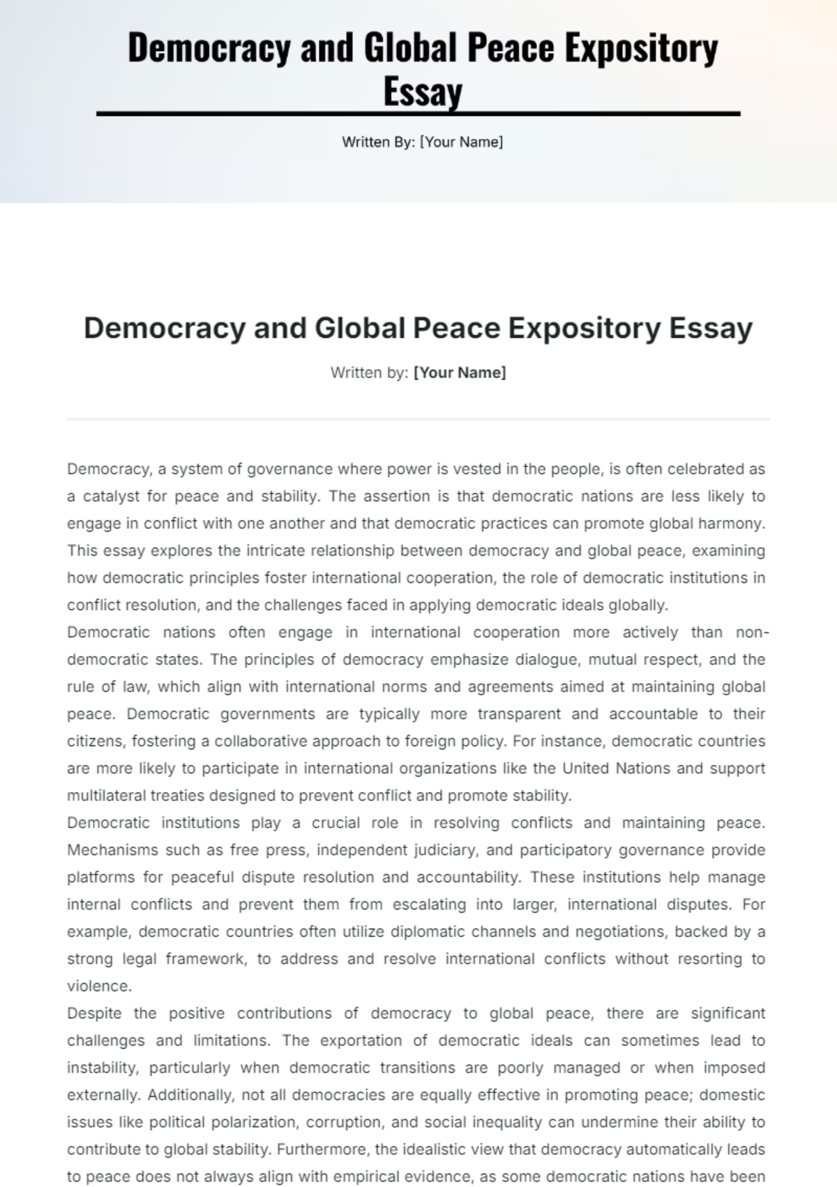 Democracy and Global Peace Expository Essay Template - Edit Online & Download