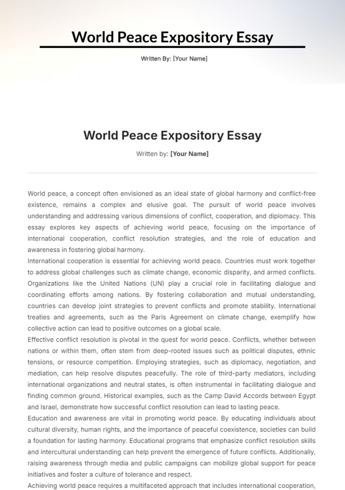 World Peace Expository Essay Template - Edit Online & Download