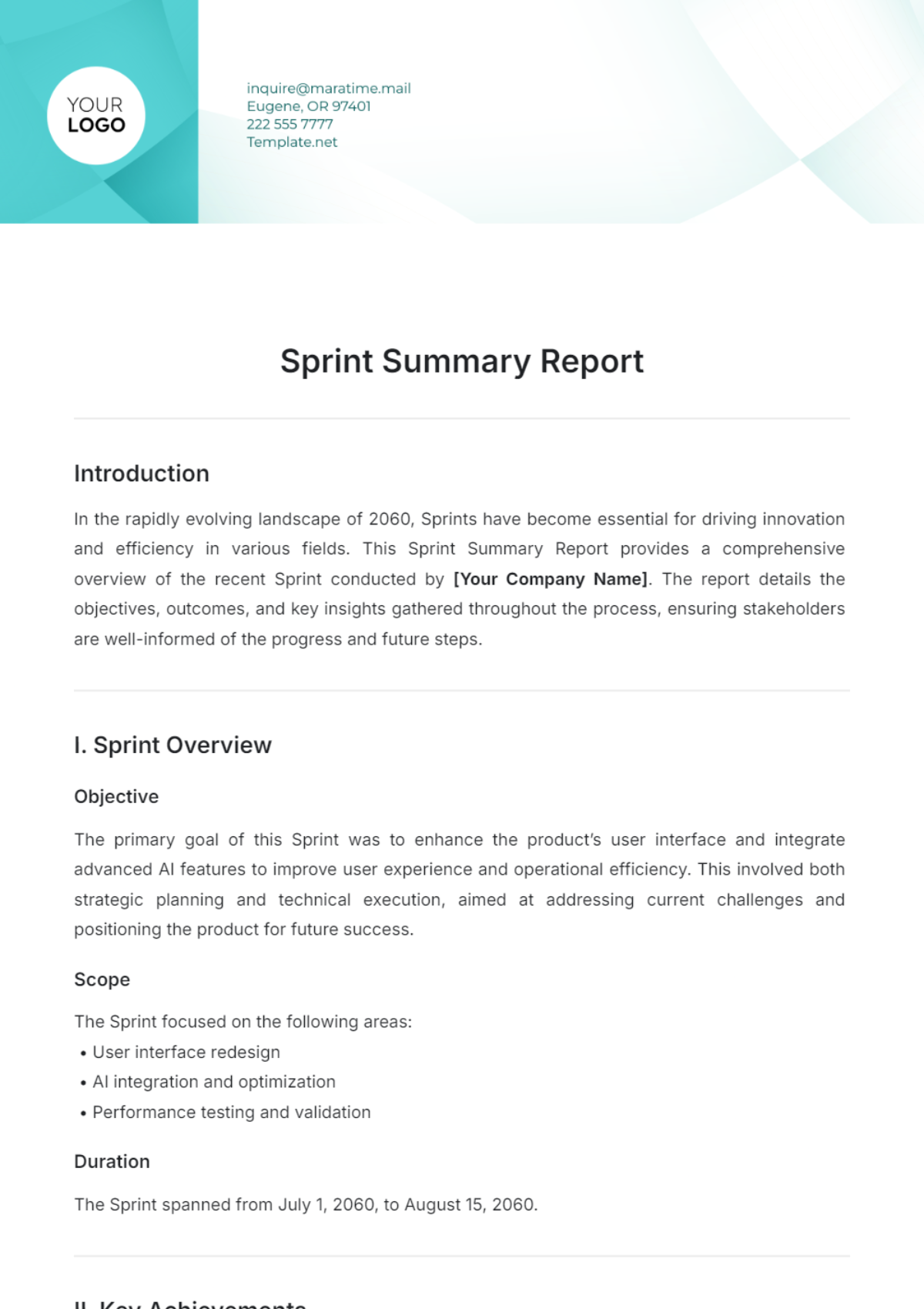 Sprint Summary Report Template