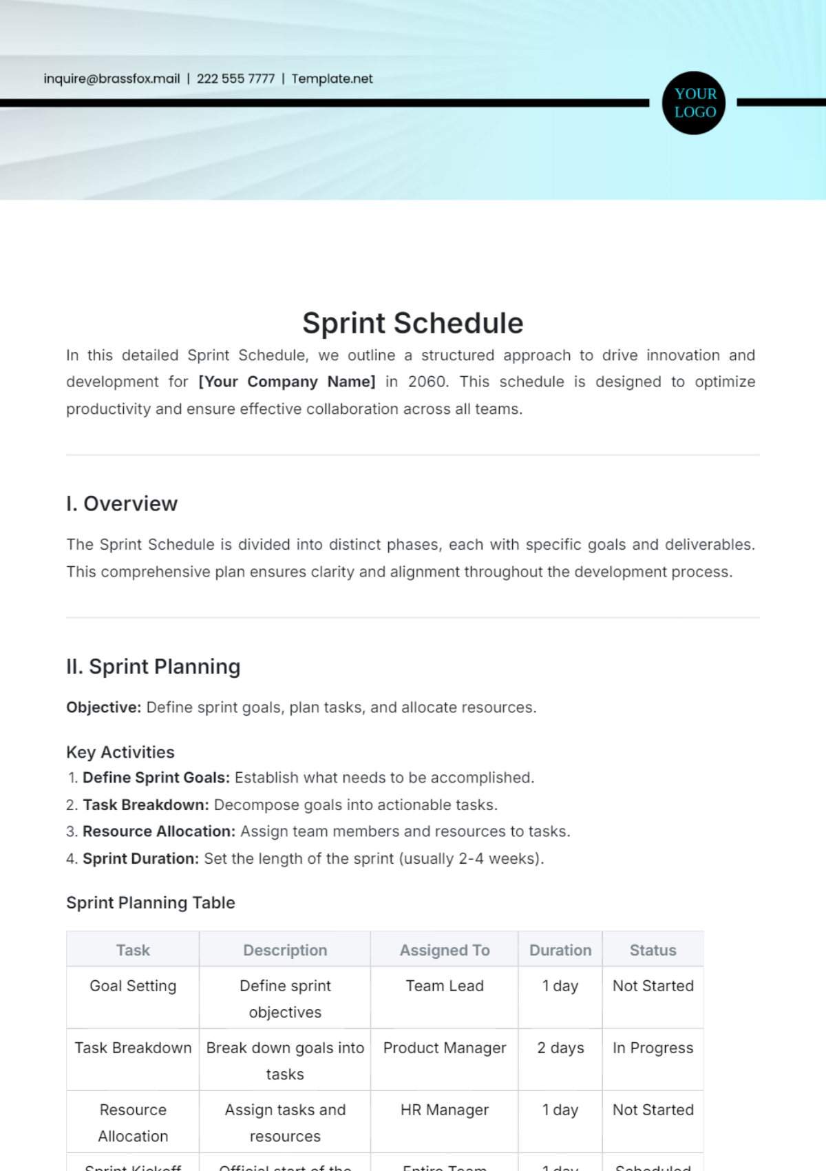 Sprint Schedule Template