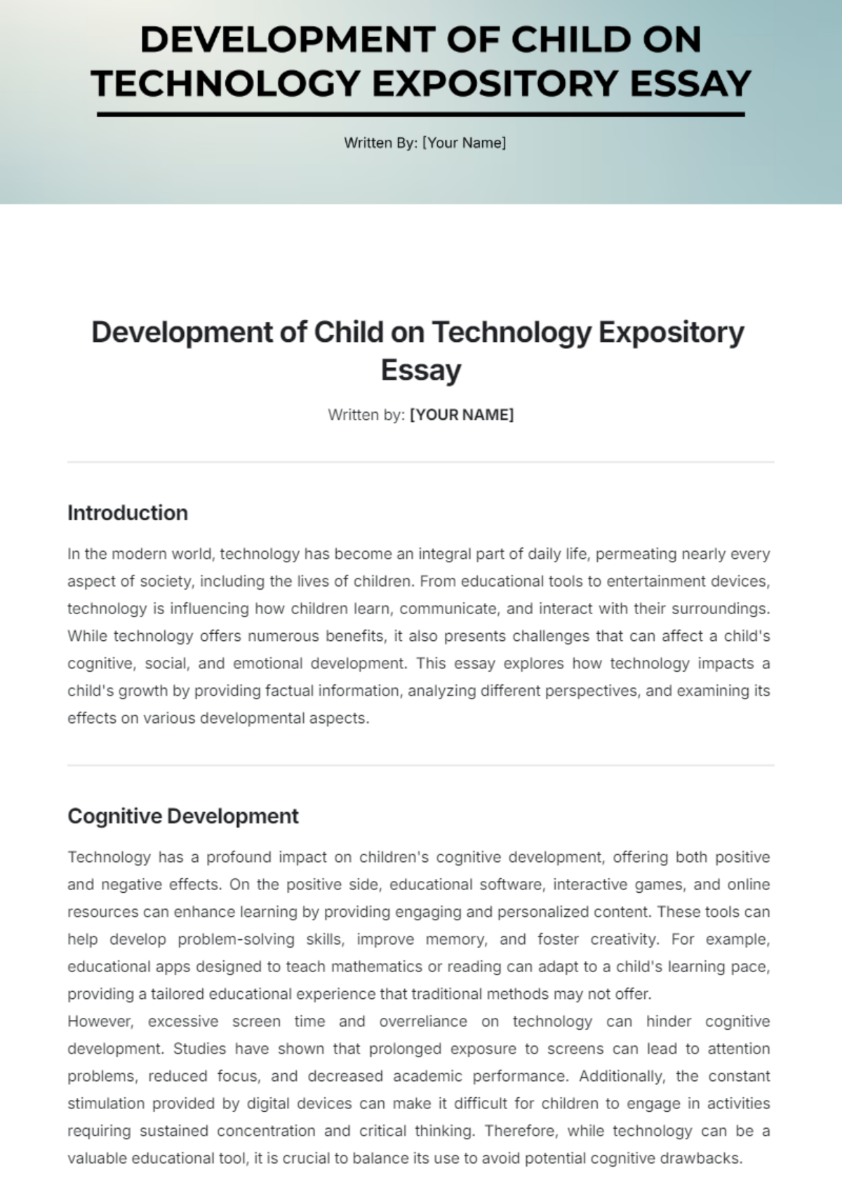 Development of Child on Technology Expository Essay Template - Edit Online & Download