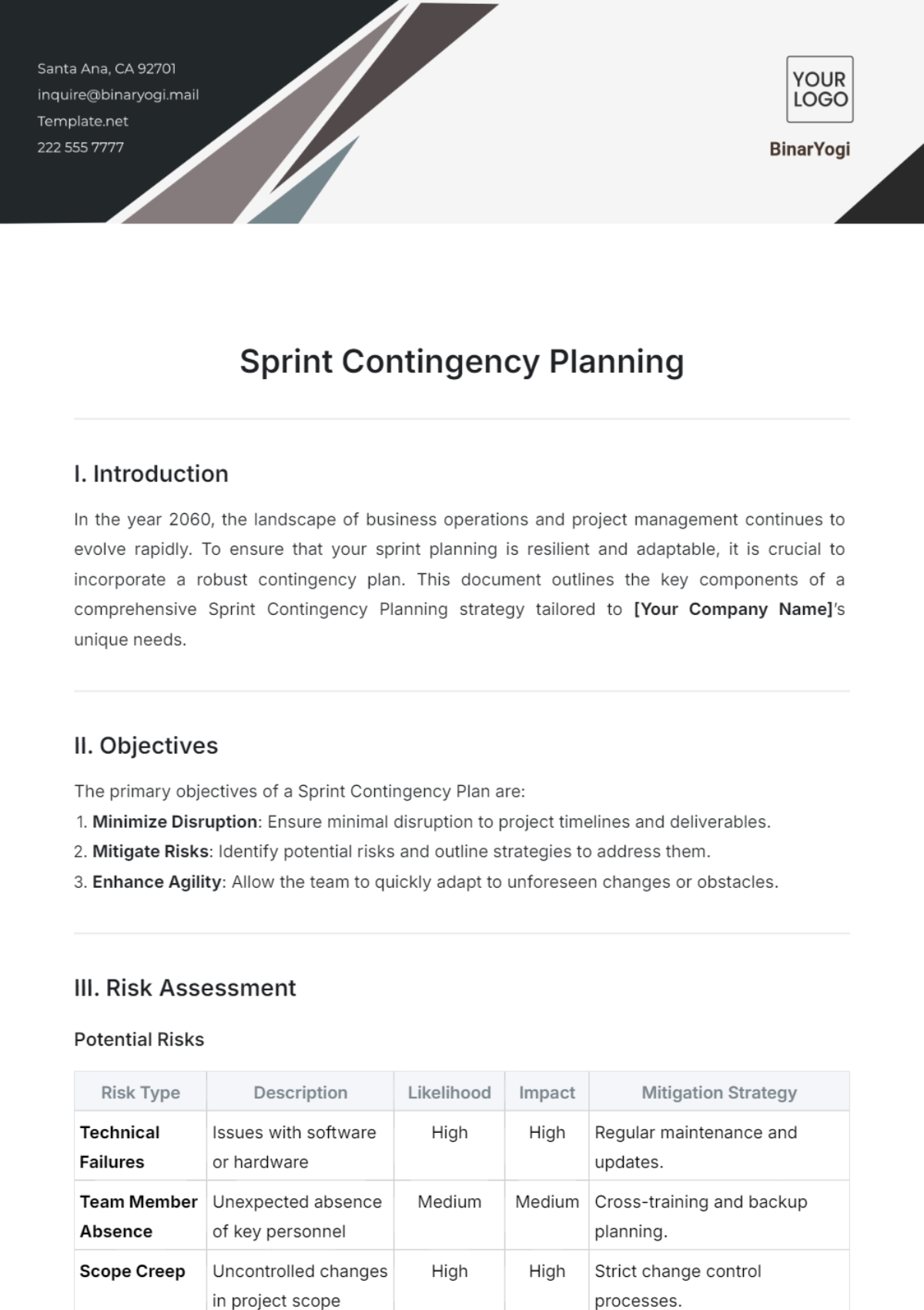 Sprint Contingency Planning Template