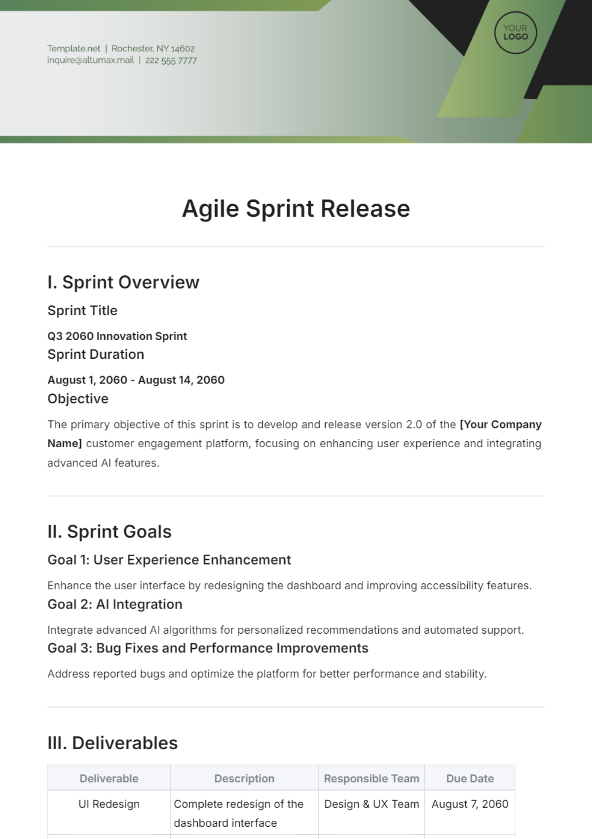 Agile Sprint Release Template