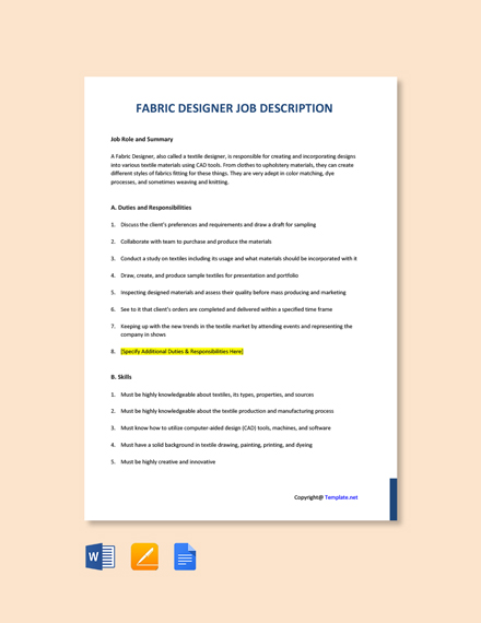 Fabric Designer Job Ad And Description Template Google Docs Word Template Net