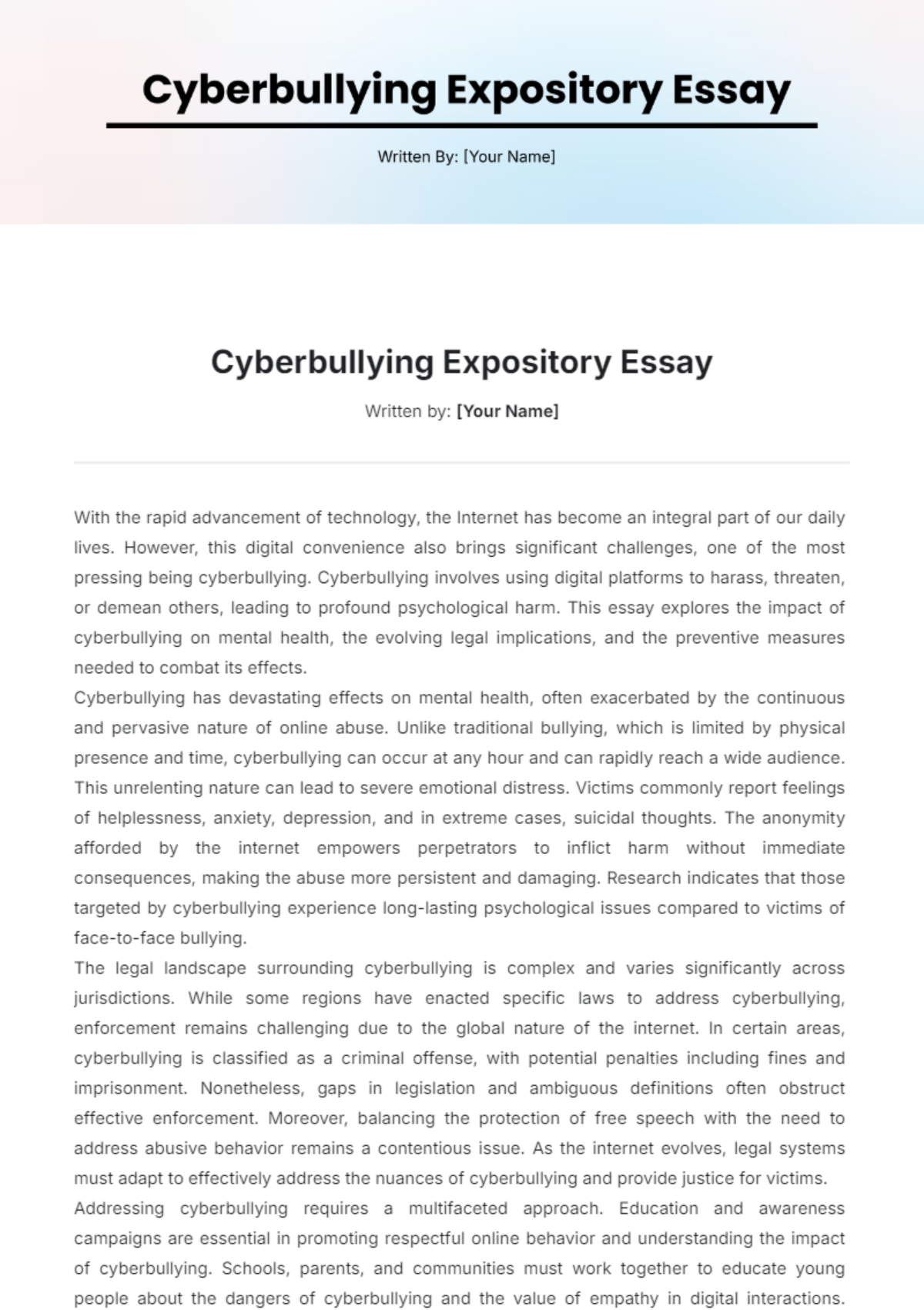 Cyberbullying Expository Essay Template - Edit Online & Download