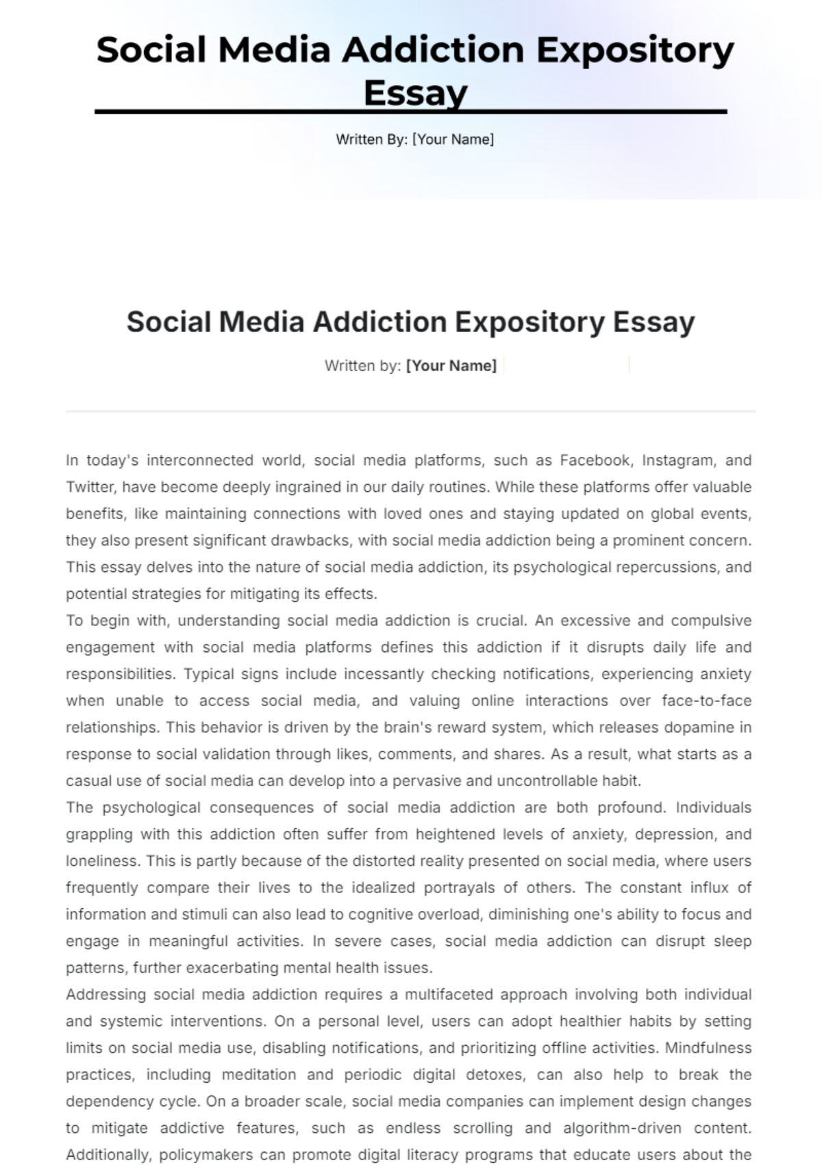 Social Media Addiction Expository Essay Template - Edit Online & Download