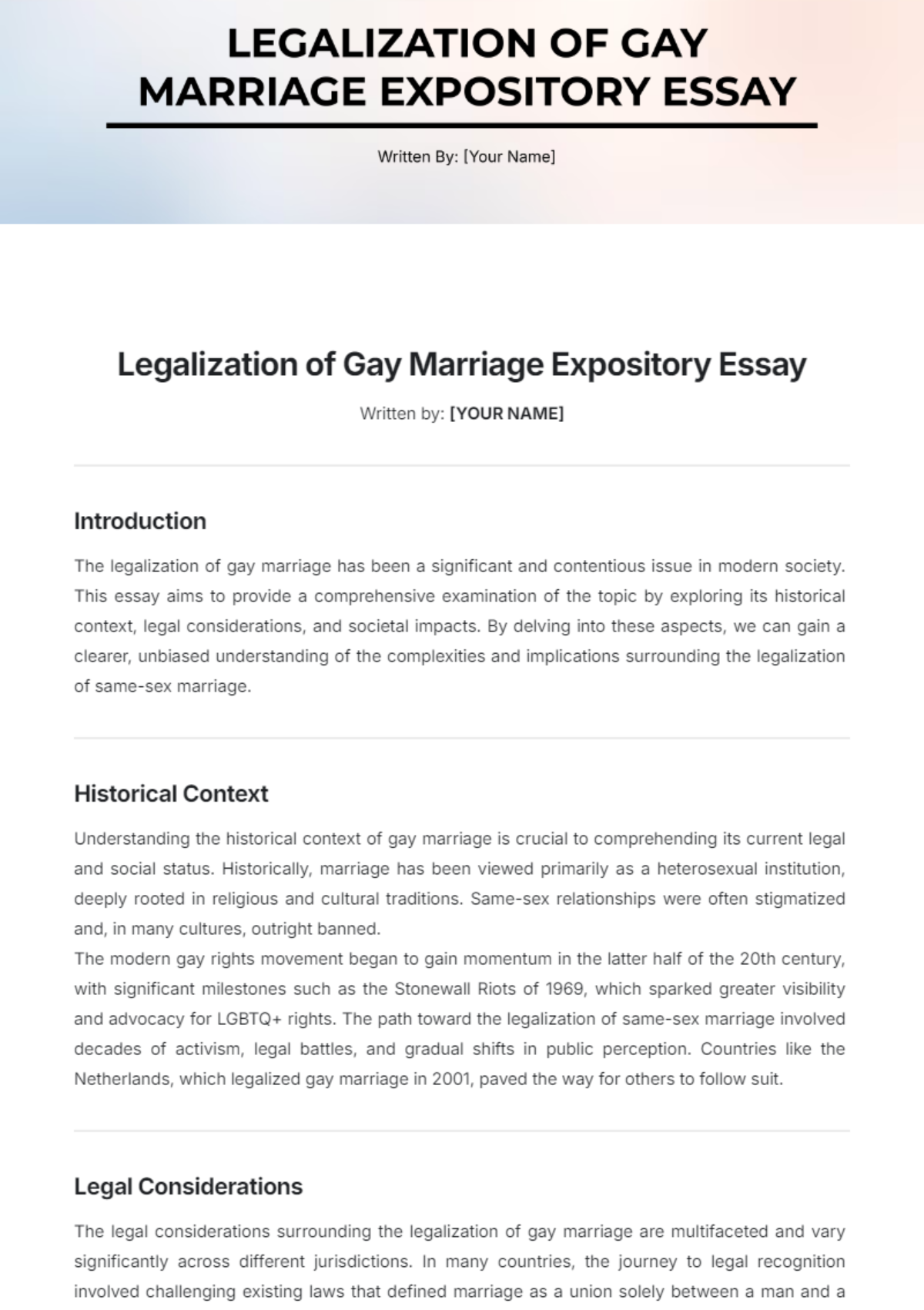 Legalization of Gay Marriage Expository Essay Template - Edit Online & Download