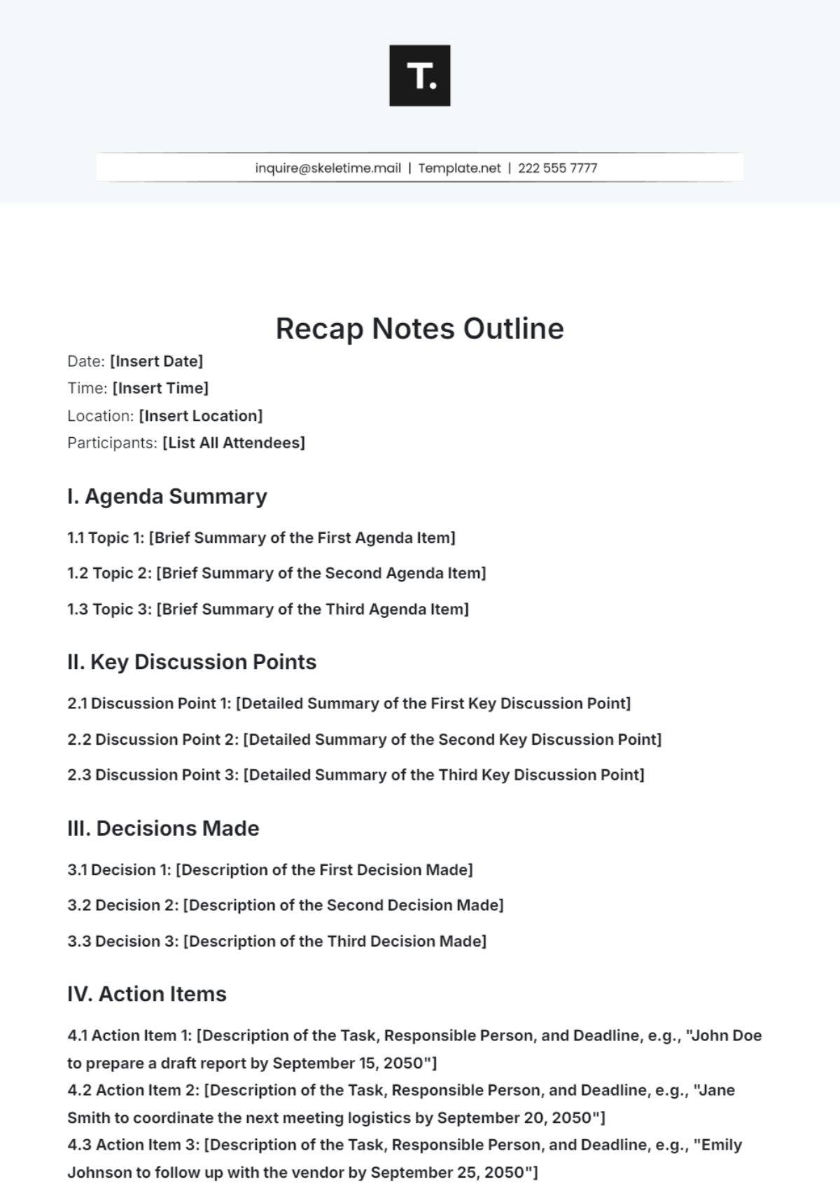 Recap Notes Outline Template