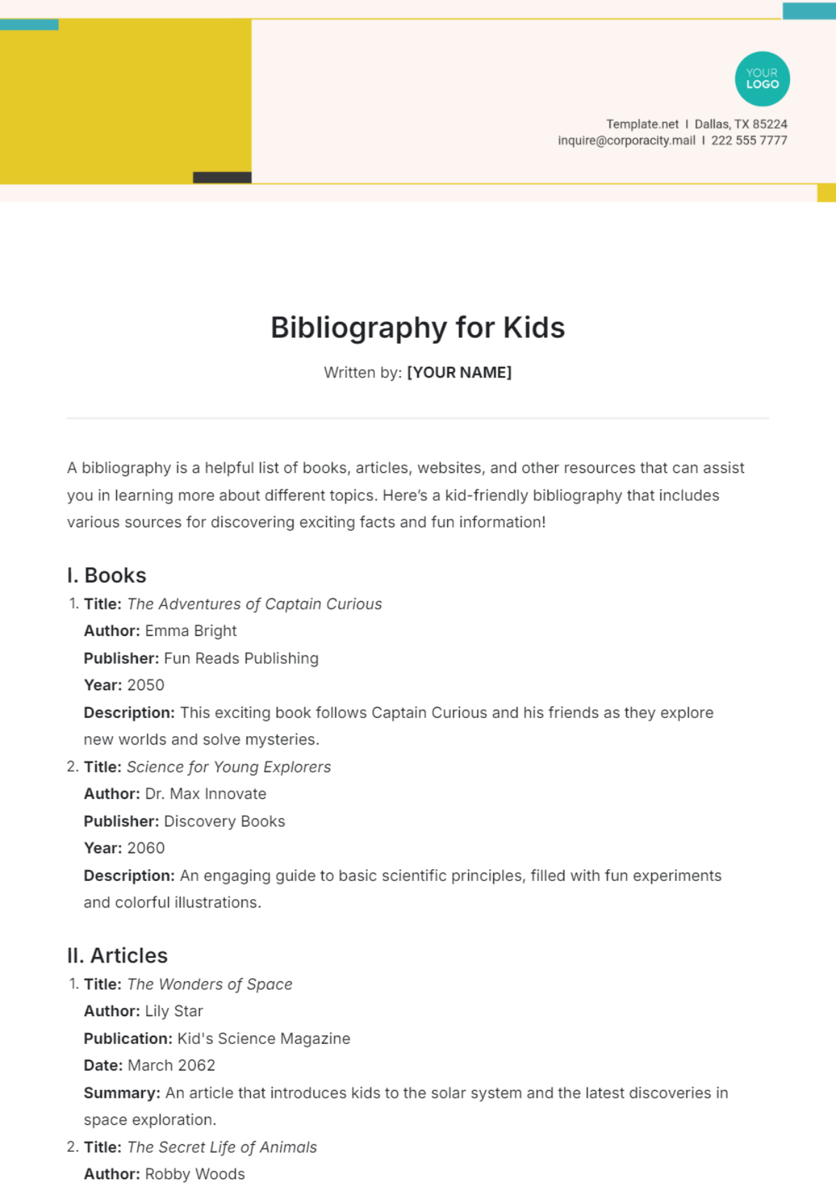 Bibliography Template for Kids - Edit Online & Download